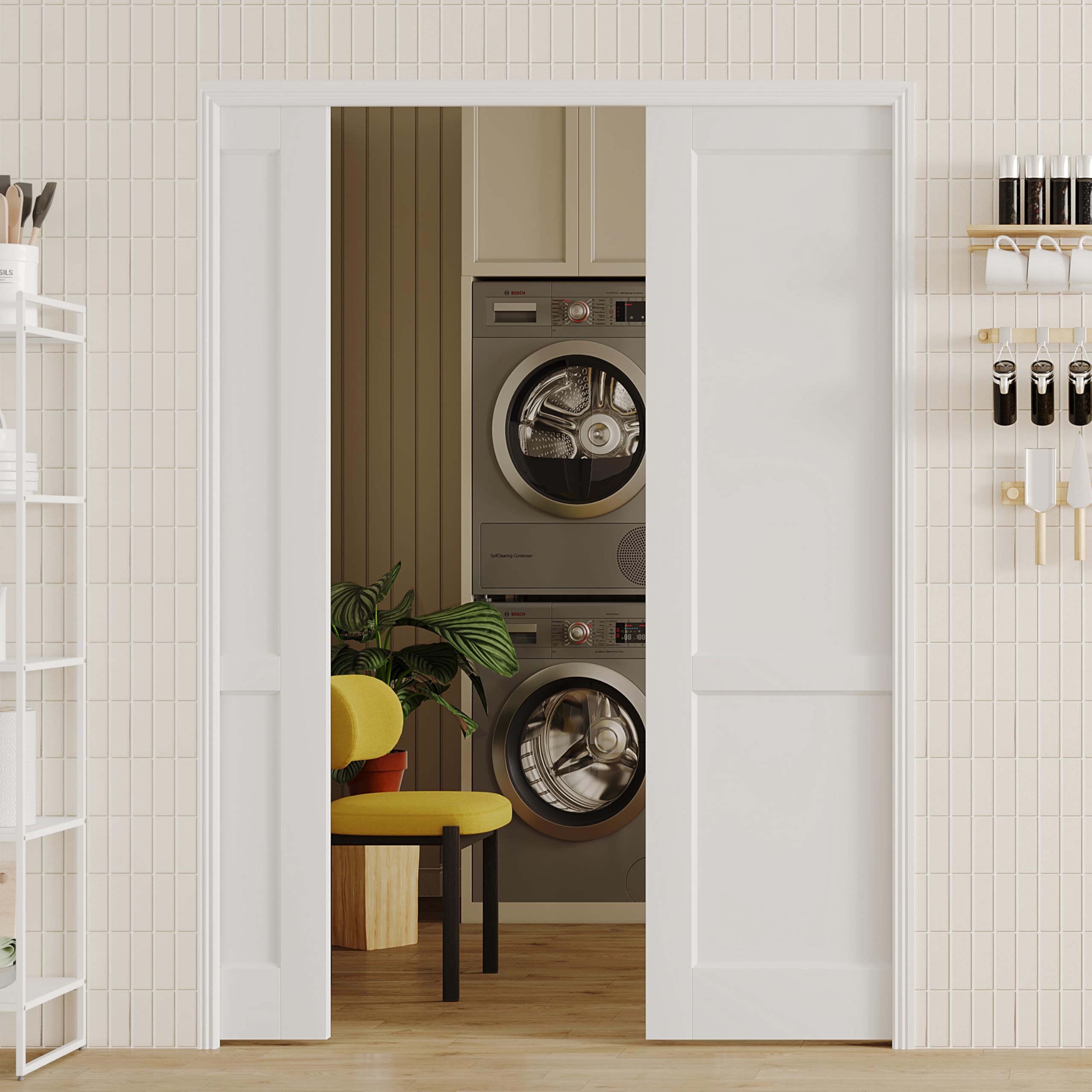 Sliding Pocket Door, 56"(2 x 28) x 80", 2-Panel Core with Frame and Hardware Kit Set, Interior Doors for Pocket Door, White Primed - No Panel Assembly Required