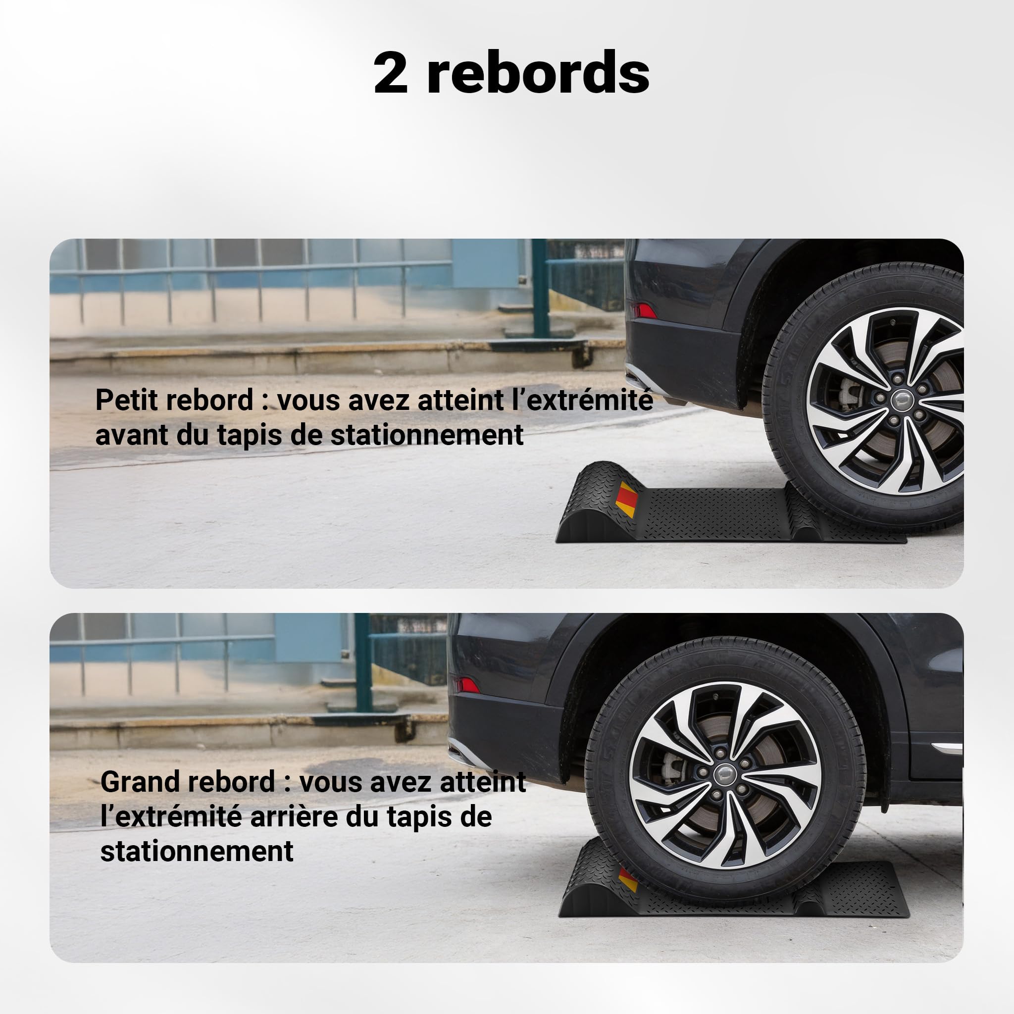 Wiltec Lot 2x Butoir de voiture – 528 x 250 x 52 mm – Auto-adhésif – Tapis de parking comme Aide au stationnement Seuil de freinage Auto Garage Véhicule