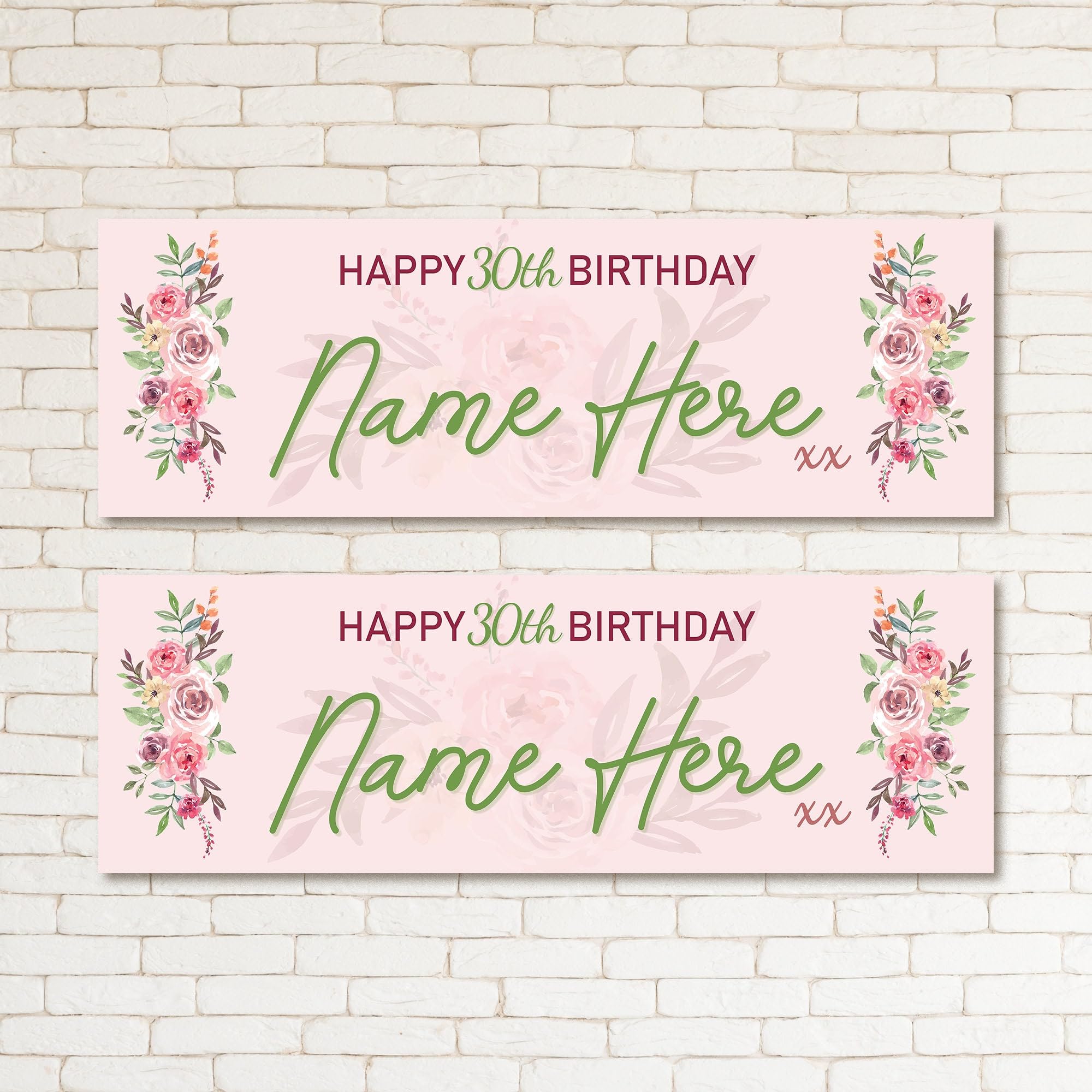 Set of two Personalised Pink Floral Birthday Banners Sage Flowers Party Wall Decor - Any NAME or AGE