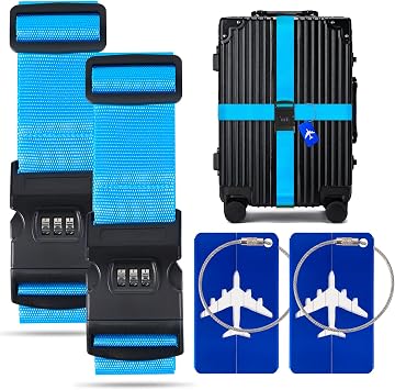 BILIONE 2 Pack Luggage Straps for Suitcases with Password Lock & Metal Airplane Tags, Adjustable Suitcase Belt & Travel Belt, Luggage Connector Straps to Connect Two Bags 20-34 Inch Blue