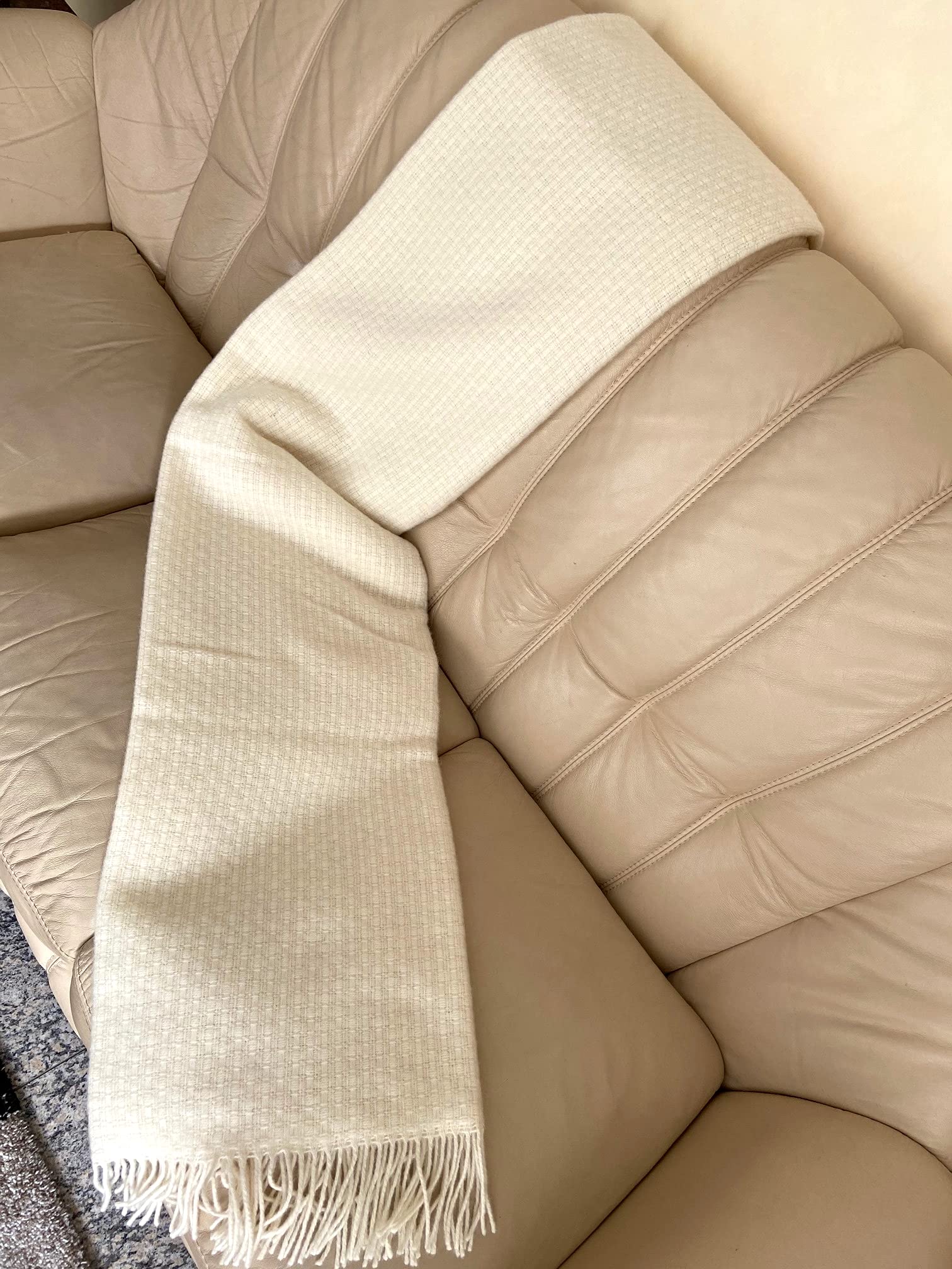 Plaid in lana 100% Nuova Zelanda, colore bianco caldo, 140 x 200 cm, con frange