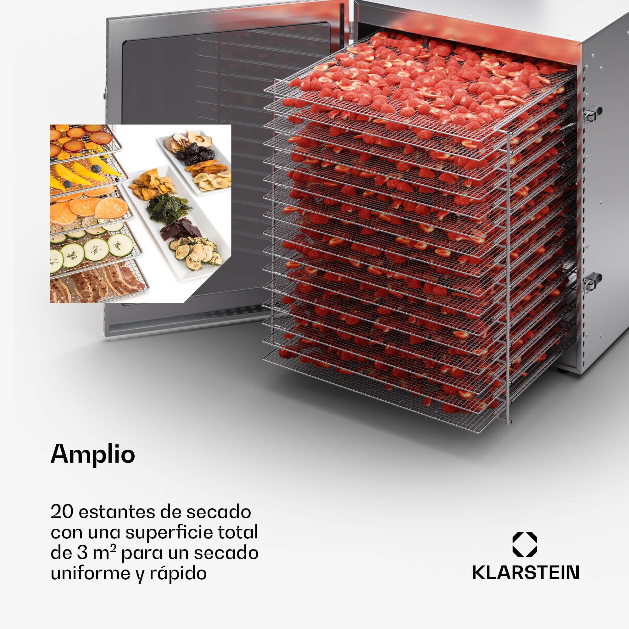 Klarstein Deshidratador de Alimentos, Deshidratadora de Frutas y Verduras 2000W, 20 Rejillas, Temp. 24h., Deshidratadora de Alimentos para Comida Liofilizada, Liofilizadora Táctil