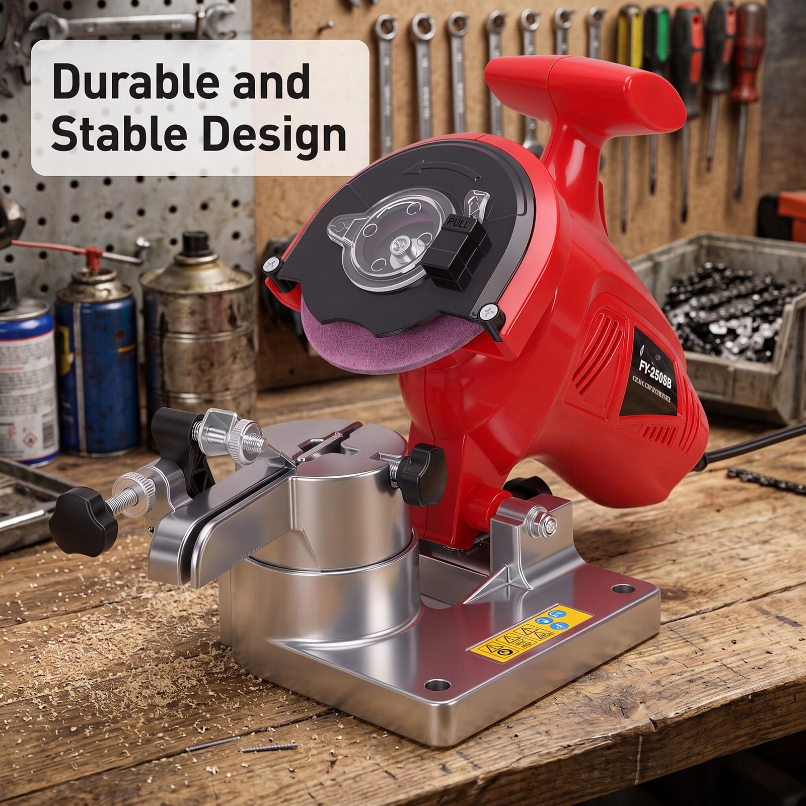 Fafeicy Amoladora de Motosierra 250W 8400RPM 3 Ruedas Ángulo Ajustable de 1/4 a 3/8 pulg., con Empuñadura Antideslizante y Protector contra Chispas (Enchufe de la UE) | Afilador de motosierra eléctrico Amoladora de motosierra de 250 W con 3 muelas abrasiv