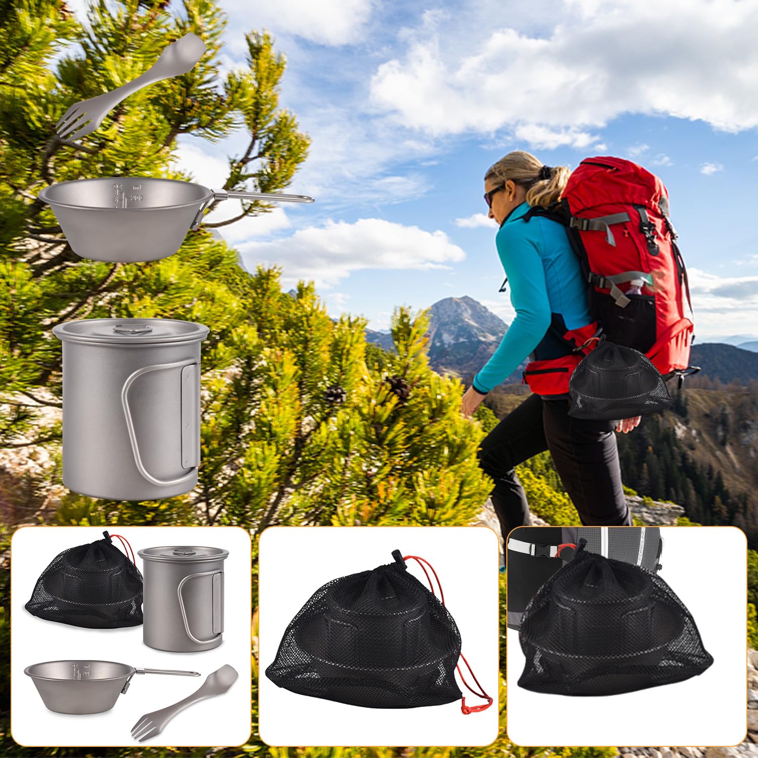 Camping Kochgeschirr, Tragbar Camping Besteck Titan Tasse Schüssel Spork, 3 Stück Set Geschirr Outdoor Kaffeetasse Becher Picknick Set Faltbar für Camping im Freien, Wandern