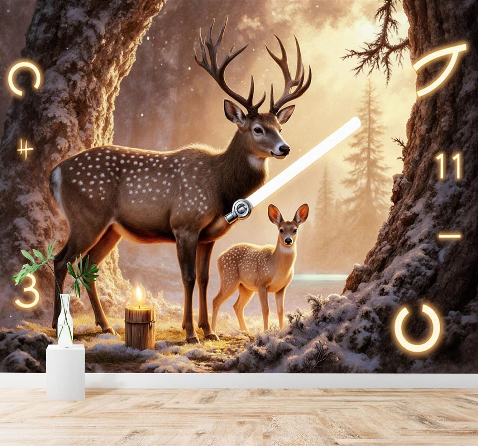 Xlming 400Cm×280Cm(B×H) Winter A Family Of Deer In The Forest Candlelight Snowy Ground 3D Wallpaper Silky Texture Home Study Office Grey Dining Room Sofa Bedroom Living Room Tv Backdrop-400Cm×280Cm