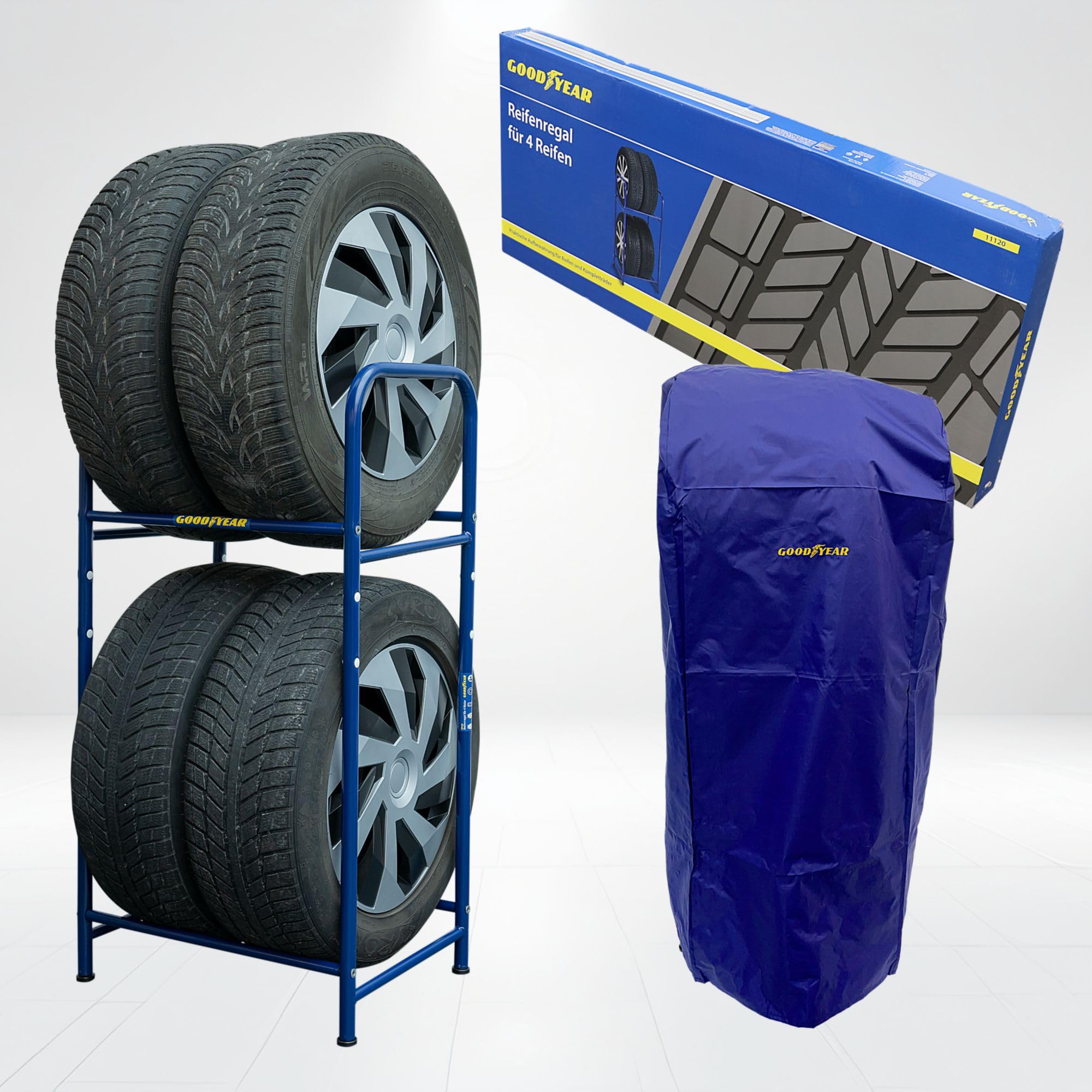 Goodyear Étagère pour 4 pneus, gain de place, hauteur réglable, 2 niveaux, capacité de charge jusqu'à 120 kg, bleu