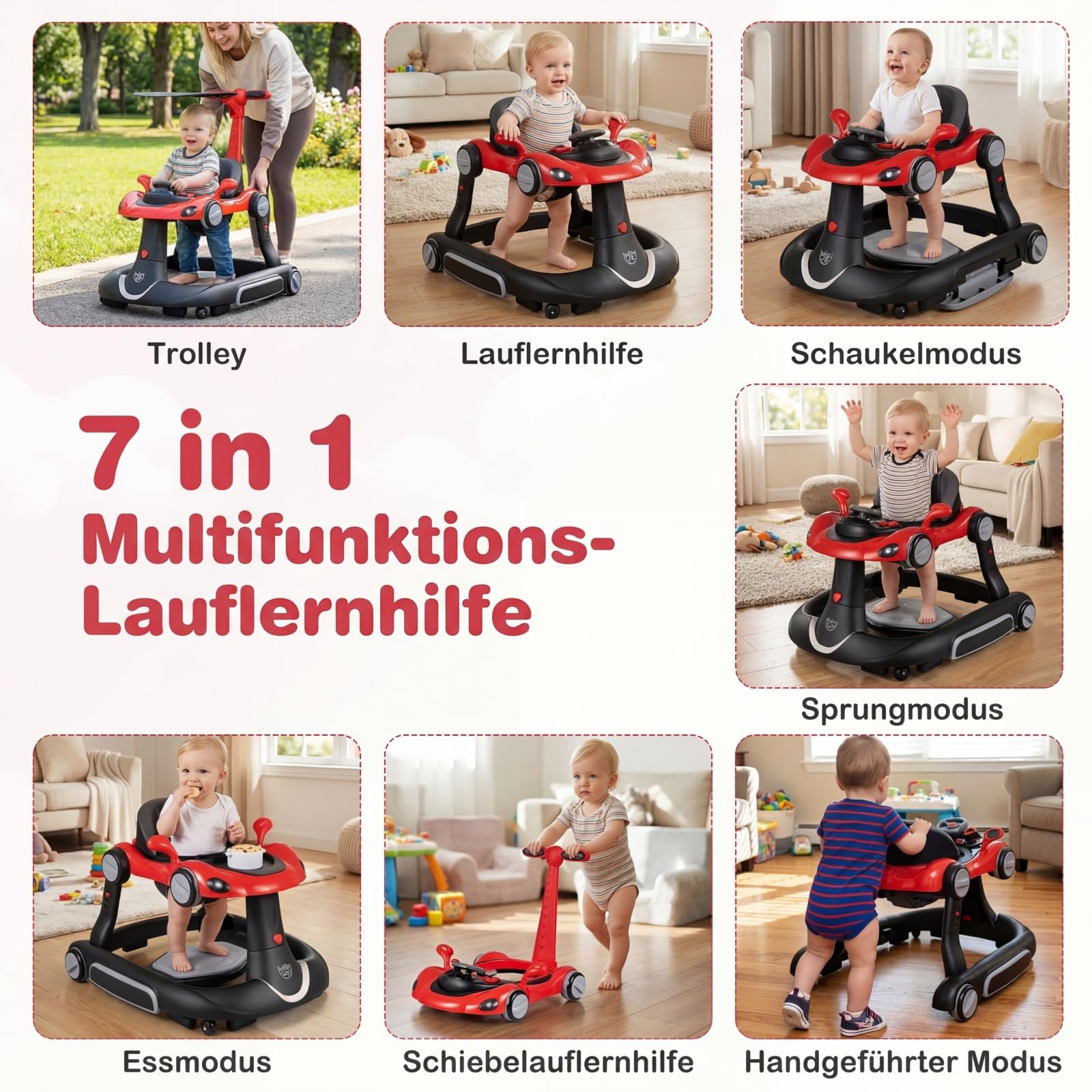 GIANTEX 7 en 1 Trotteur Bébé, Trotteur Marche Bebe Évolutif Pliable, 3 Hauteur Réglable, Capote&Tapis de Saut Amovibles, Roues Contrôle Vitesse et Sonores&Lumière, 7-18 Mois, Charge 12KG (Noir+Rouge)