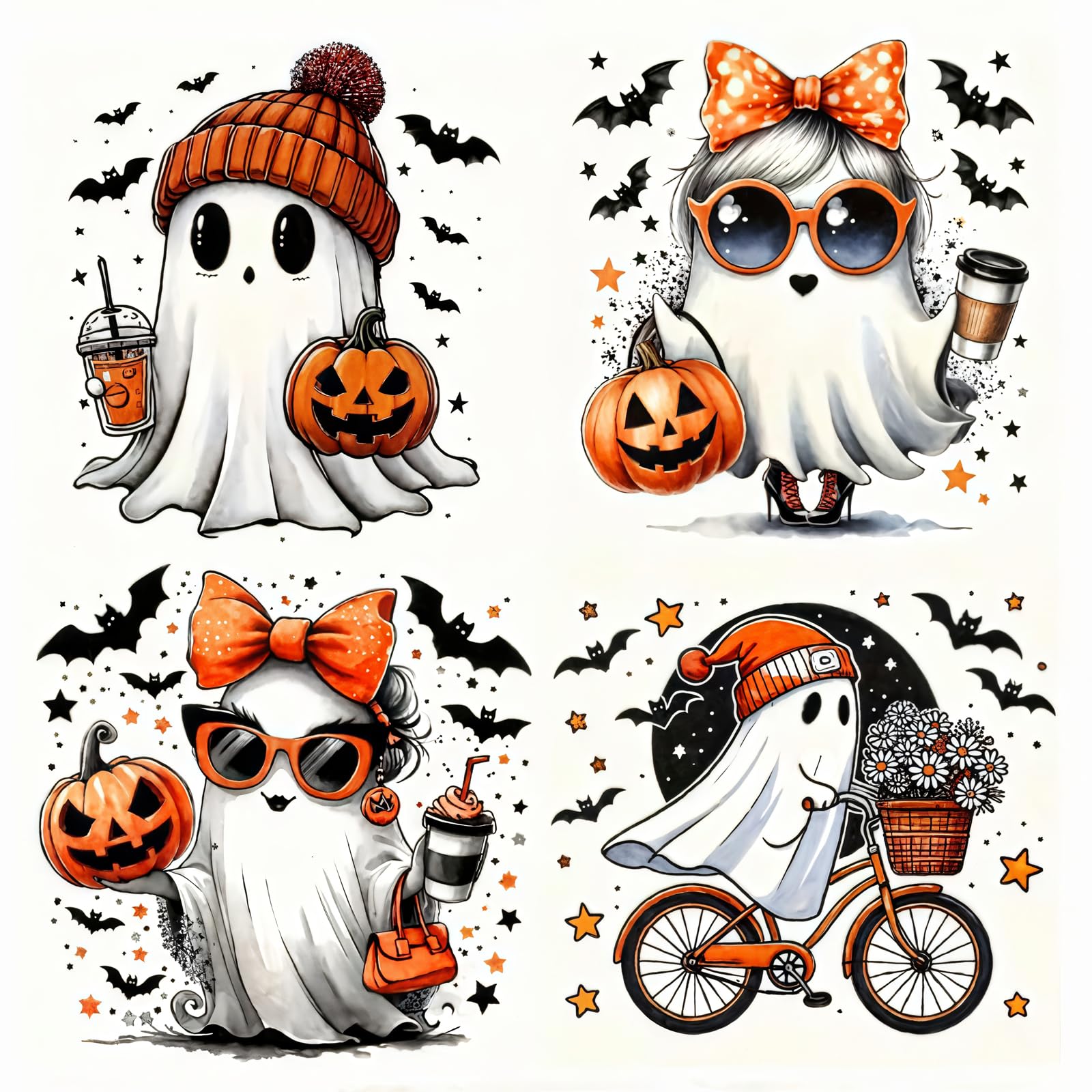 4pcs Halloween Pumpkins Bats Ghost UV DTF Cup Wraps Transfer Sticker for Glass Cups Furniture Craft DIY Crafts，Rub on Transfer Stickers for DIY Water Bottle Laptop Decal Wood Car