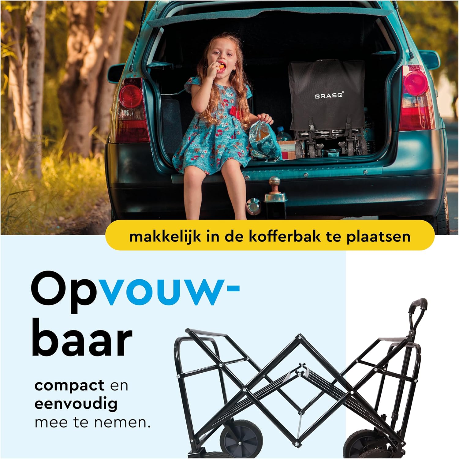 A child sitting in the trunk of a car next to the folded BRASQ Folding Wagon, demonstrating its easy portability.