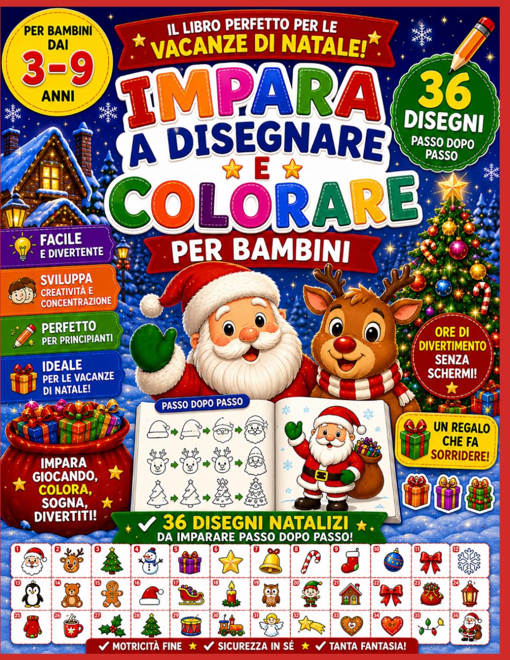 IMPARA A DISEGNARE E COLORARE PER BAMBINI 3-9 ANNI - EDIZIONE VACANZE DI NATALE: 36 Disegni Natalizi Facili e Divertenti da Disegnare e Colorare | ... Passo Dopo Passo per le Vacanze di Natale