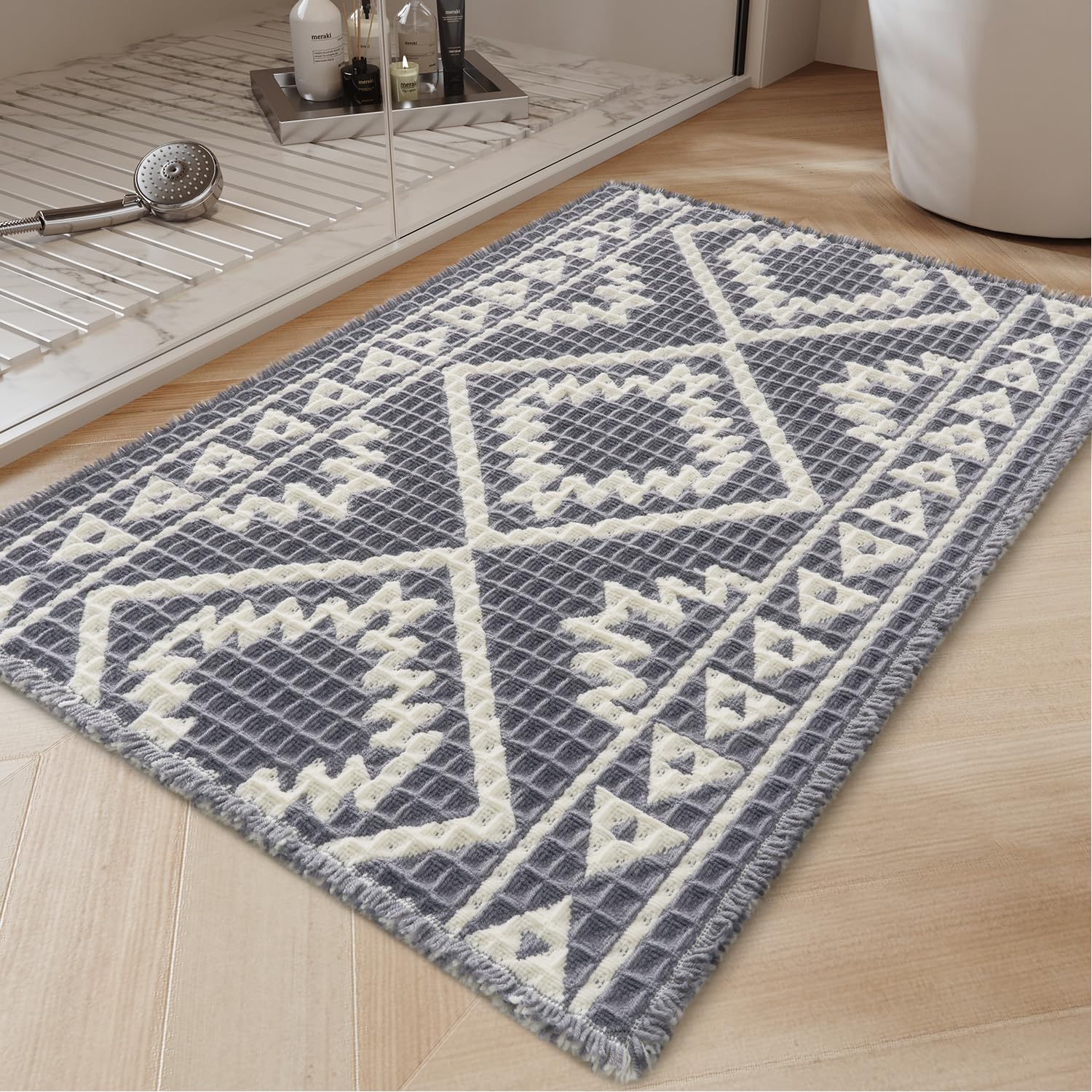 PADOOR-Waffle Bath Mat 24"x36"-Super Absorbent Bath Mats for Bathroom, Machine Washable Non Slip Bathroom Rug with Tassels, Soft Bathroom Mat for