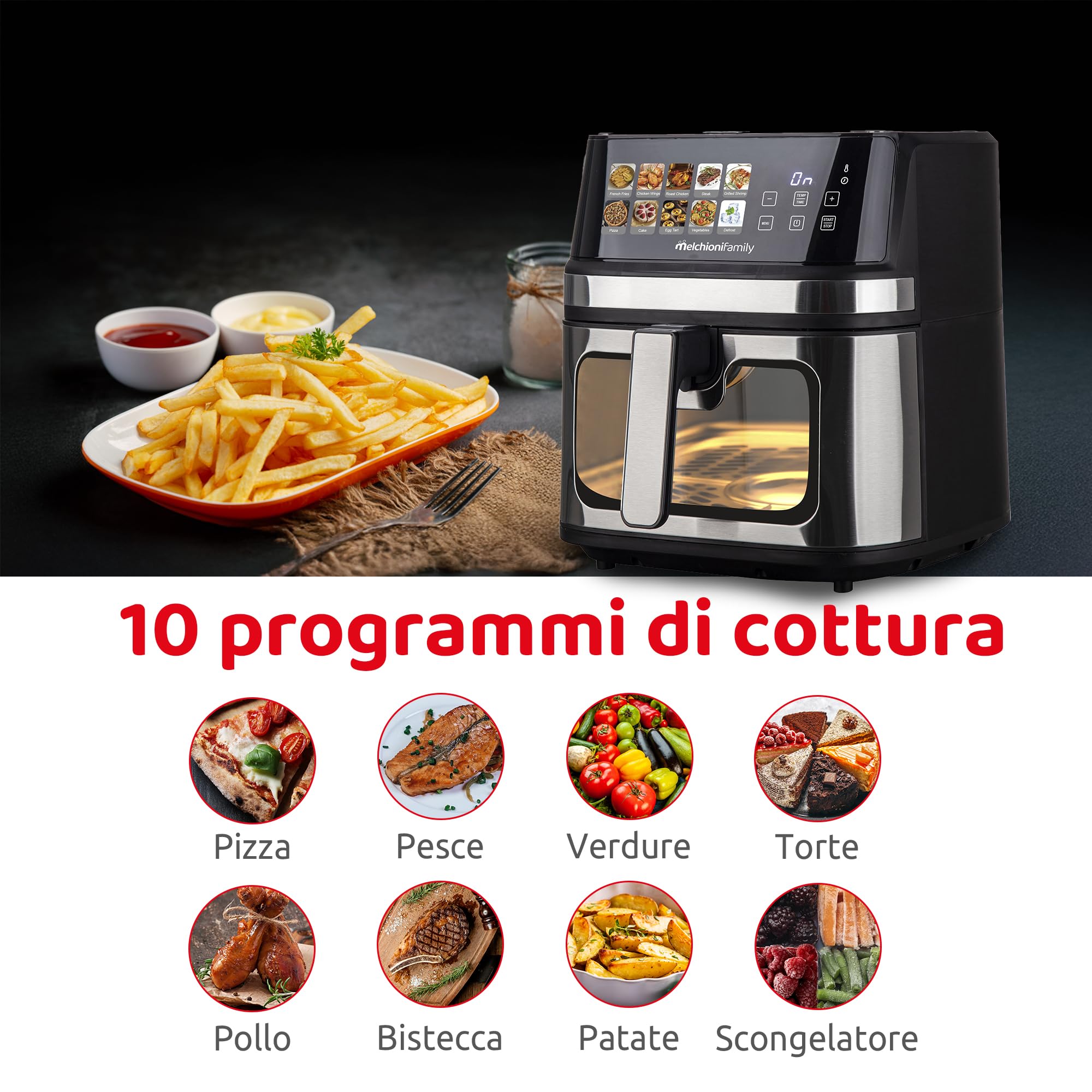 Melchioni Friggitrice Ad Aria Gaia Plus 8lt 2200w Display Colori Nero