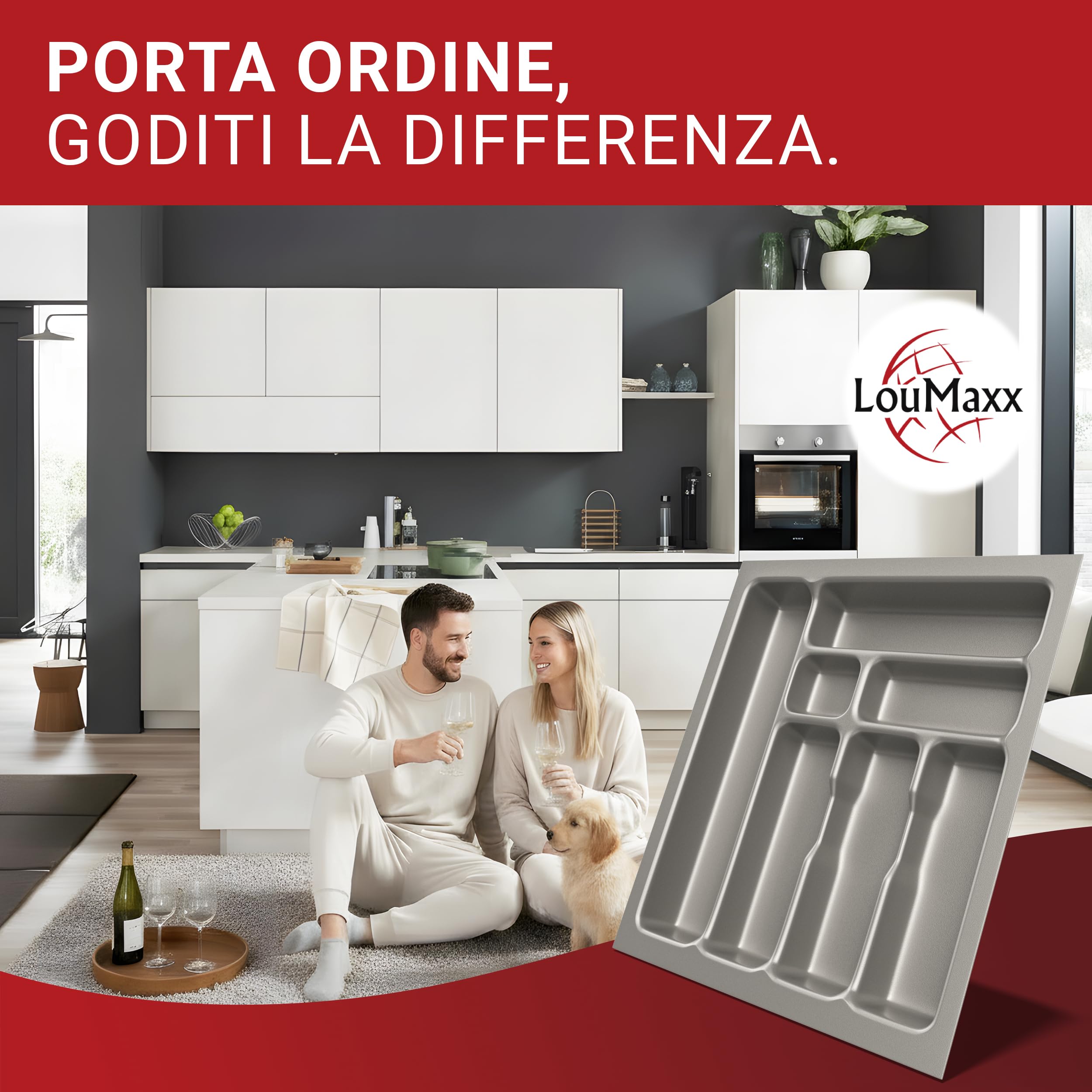 LouMaxx Portaposate per cassetti larghi cm, portaposate cm, prodotto in Germania, grigio con scomparti e angoli stabili, infrangibile e durevole (grigio argento, 47,3 x 42,6 cm - 7 scomparti)