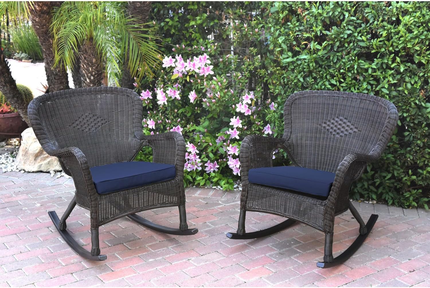 Jeco Inc Set of 2 Windsor Espresso Resin Wicker Rocker Chair with Black Cushions