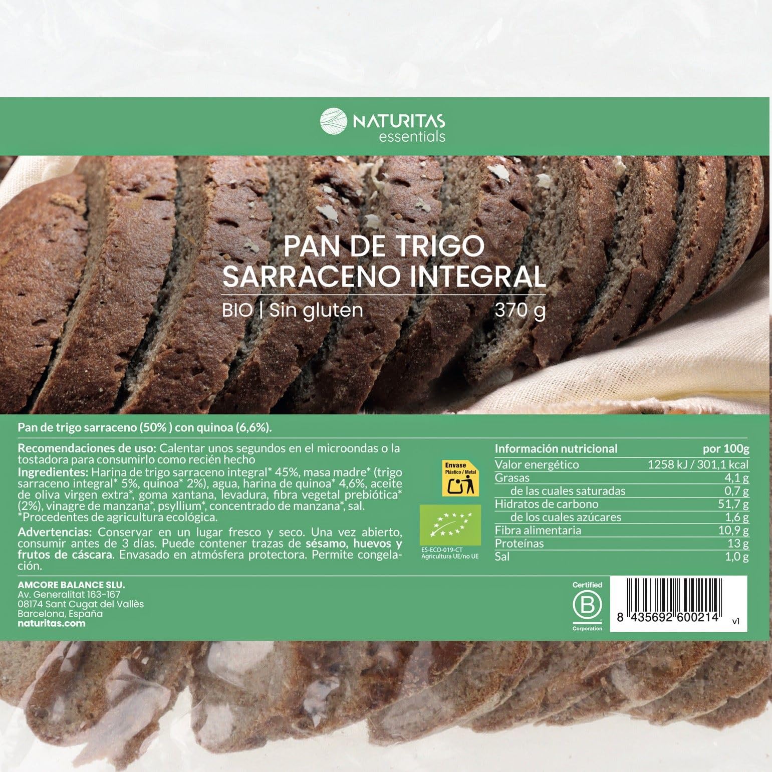 Pain de campagne au blé entier sarrasin bio sans gluten 370 g