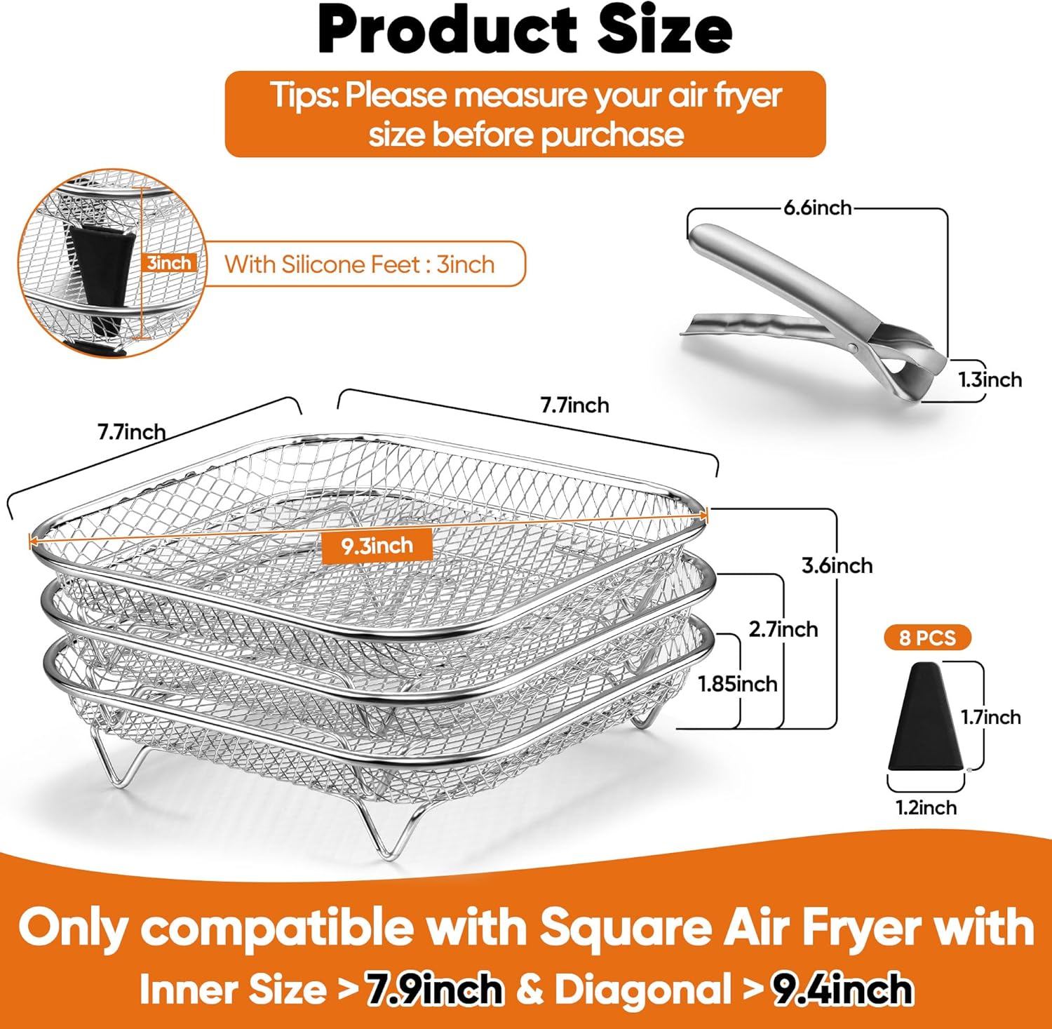 p&p chef 7.72 inch square air fryer rack basket set, 3pcs stackable stainless steel air fryer baskets accessories for roasting, with anti-scalding clip & silicon feet, oven & dishwasher safe