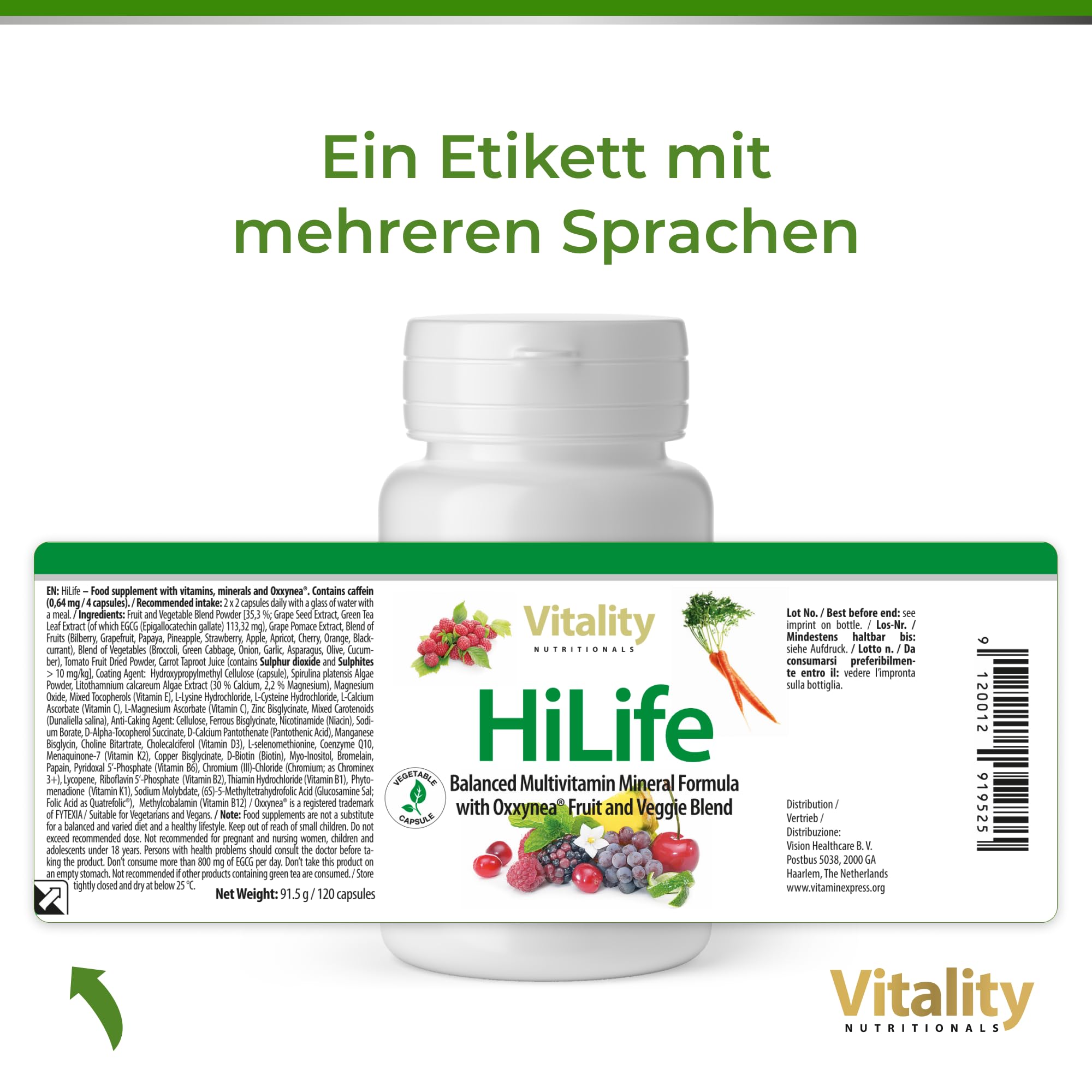 HiLife Multivitamin Kapseln Hochdosiert aus 21 Obst- und Gemüse-Sorten I Vitamine, Mineralstoffe, Spurenelemente, Immunsystem stärken I Vitality Nutritionals by Vitaminexpress