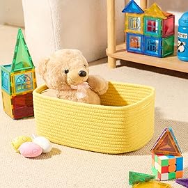 MiniArk Small Storage Baskets for Organizing | Closet Organizer Bins | Shelf Toy Basket | Woven Rope Baskets | Cube Decorative Box | Shallow Basket | 13x8.5x5.1 | 4 Packs Yellow