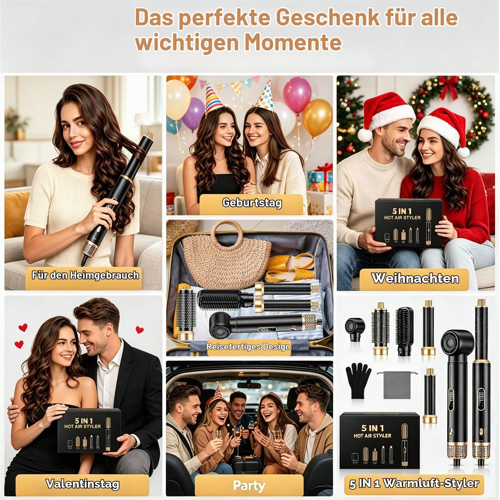 Hair Styler Set 5 in 1 mit LCD-Temperaturanzeige 1000W | Haarstyler,Ionen-Haartrockner&Warmluftbürste,3 Heizstufen,Rundbürstenföhn Hairstyler Set Für Glätten Trocknen Volumen Locken