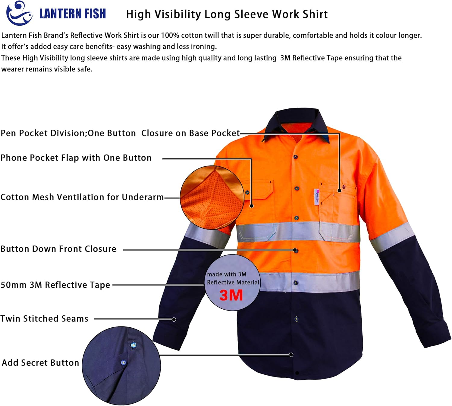LANTERN FISH High Visibility Shirts with Reflective Tape Class 3 Construction Safety Work Shirts for Men Women