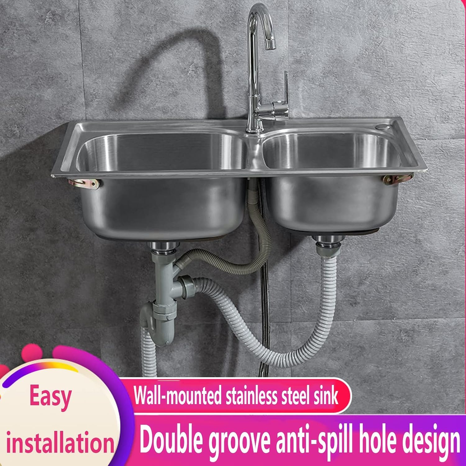 Wall Mounted Industrial Double Bowl Sink, Wall Mounted Commercial Catering Sink, Freestanding Kitchen Sink with Bracket, Drain, Faucet, Suitable for Hotel, Kitchen, Factory, Garden, Outdoor, Bar ( Siz