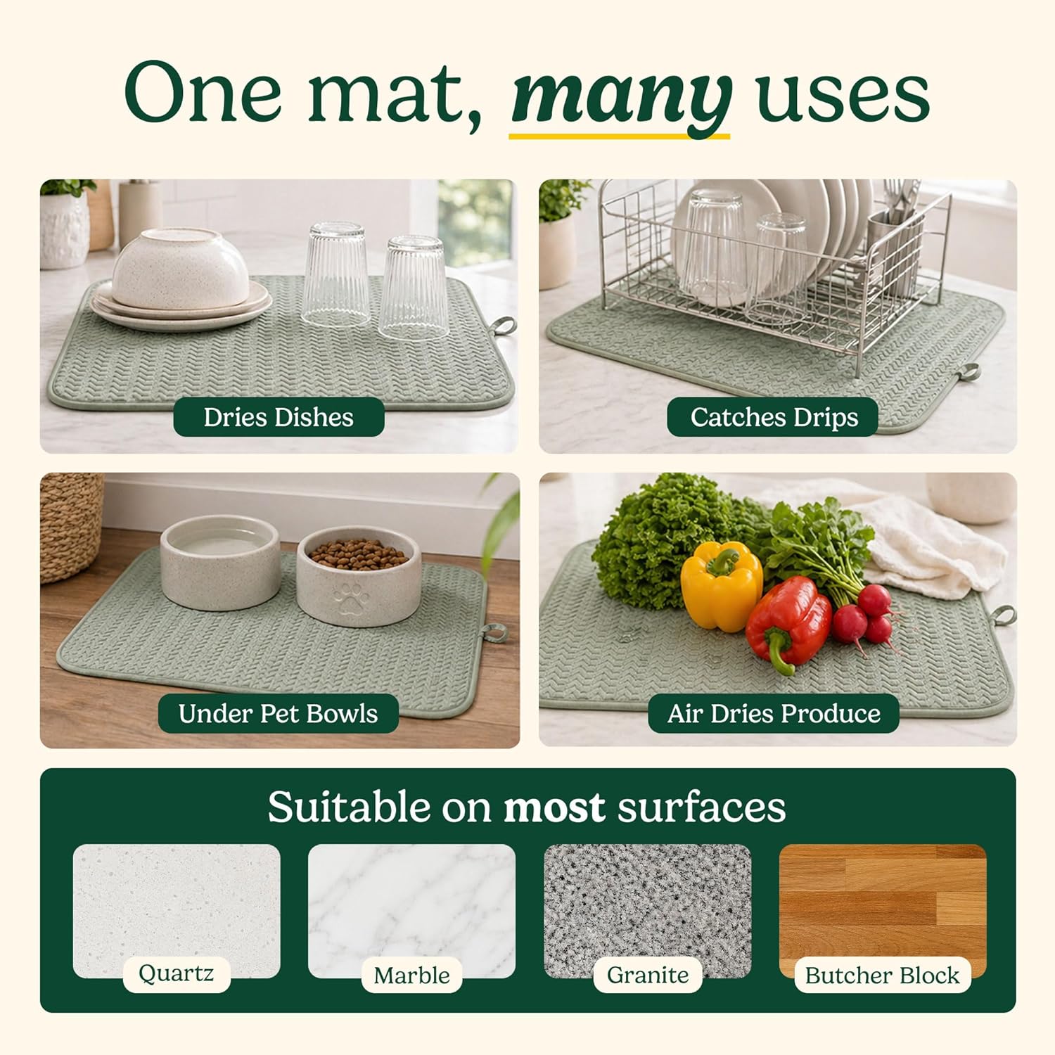 Cuisinart Dish Drying Mat for Kitchen Counter - 2-Pack XL 18x24 Ultra Absorbent Microfiber Dish Mat - Fast Drying, Machine Washable, Foldable Countertop Pad - Safe for Granite & Quartz (Geostripe)