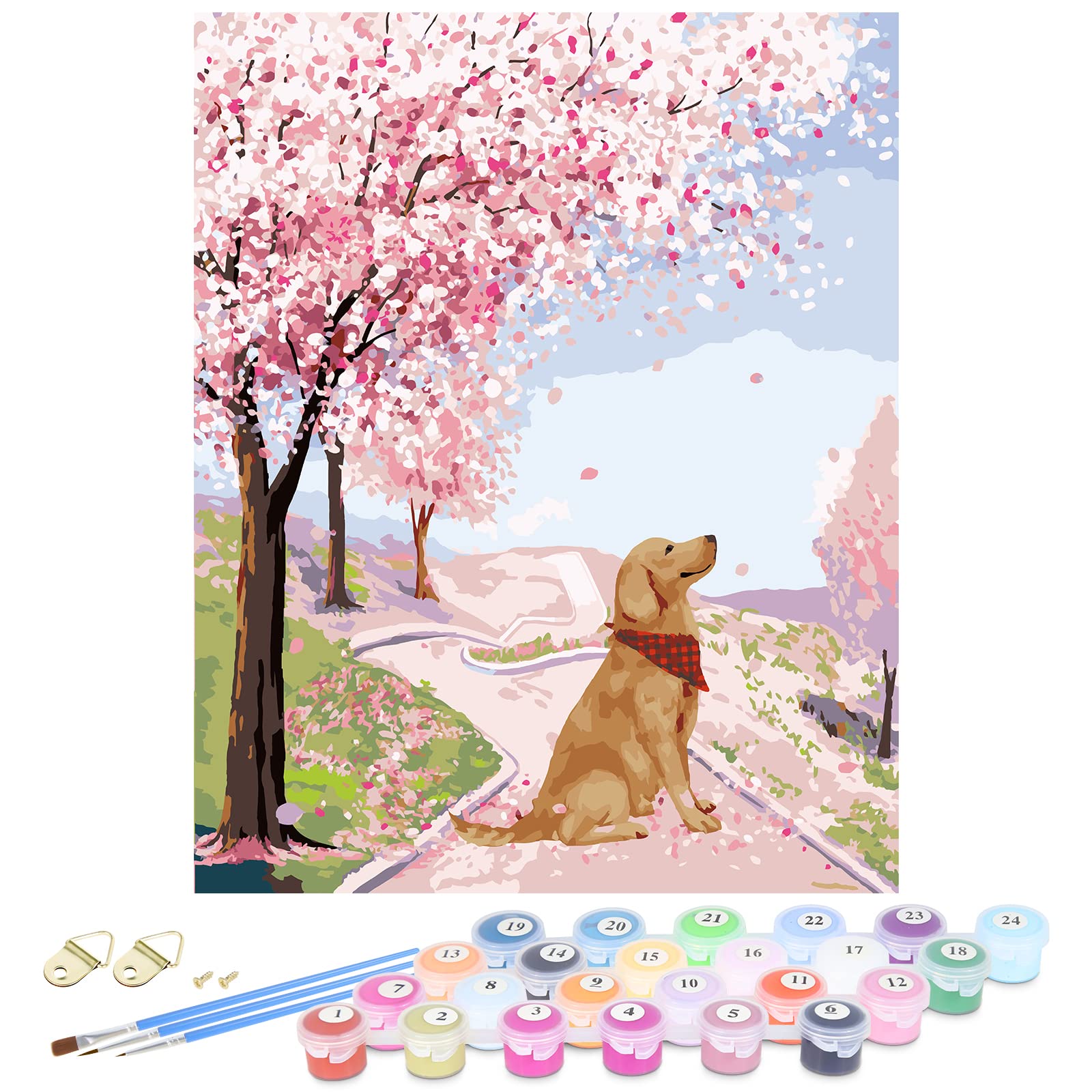 Paint by Number for Adults Beginners Kids 16x20 Inch DIY Paint by Numbers Kits on Canvas Dog Sakura Pattern Digital Painting Kit for Home Decor (Without Frame)