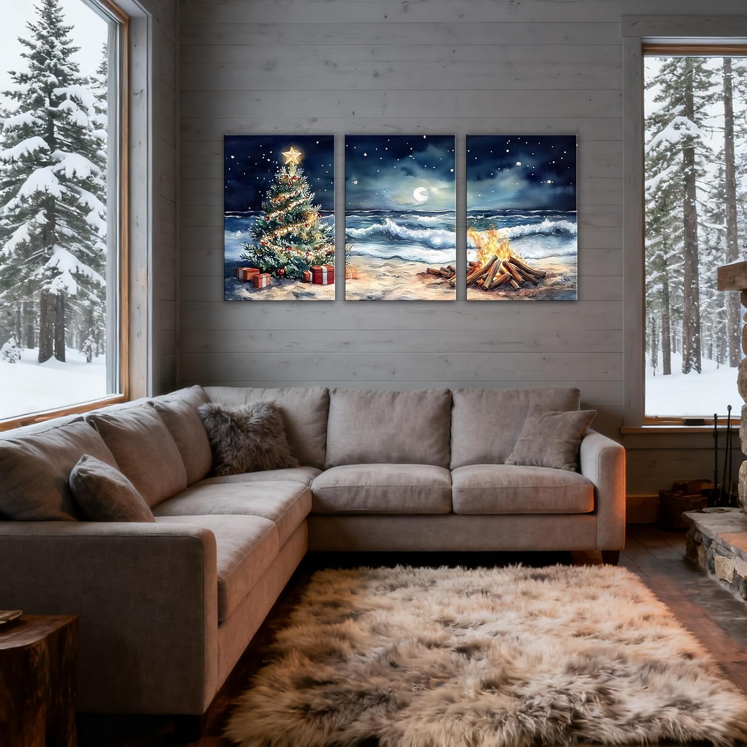 GLOKAKA Beach Christmas Canvas Wall Art 3 Pieces Coastal Christmas Tree Painting Print Moonlit Ocean Landscape Pictures Xmas Festive Artwork for Living Room Bedroom(Artwork-2,16"x24"x3pcs)