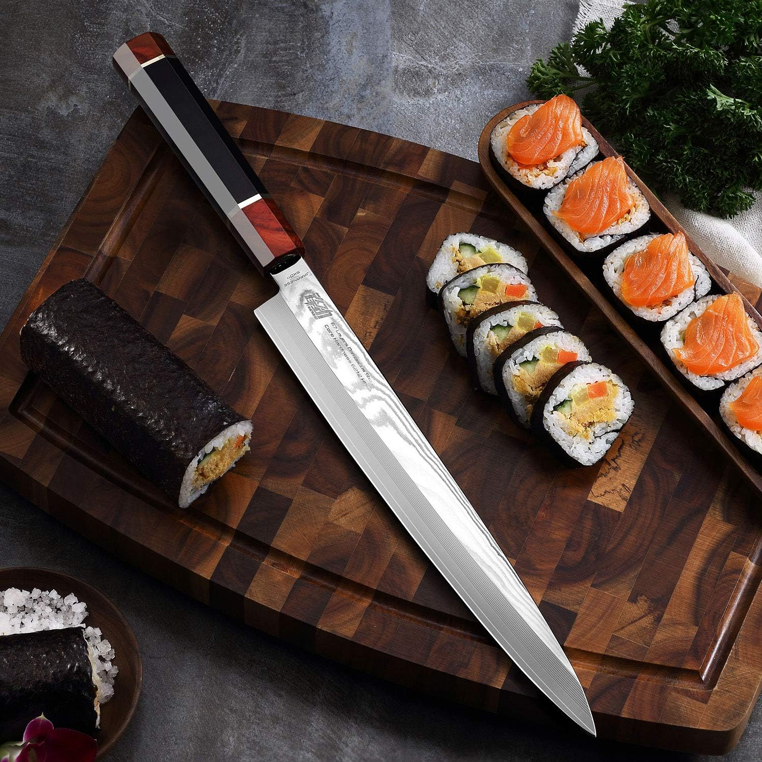 FINDKING Prestige Series Yanagiba Knife with Walnut Cover, Japanese SKD11 Damascus Steel Blade, Ebony Wood Octagonal Handle, Professional Sashimi Sushi Fish Knife (10.5 Inches, with Wooden Gift Box)