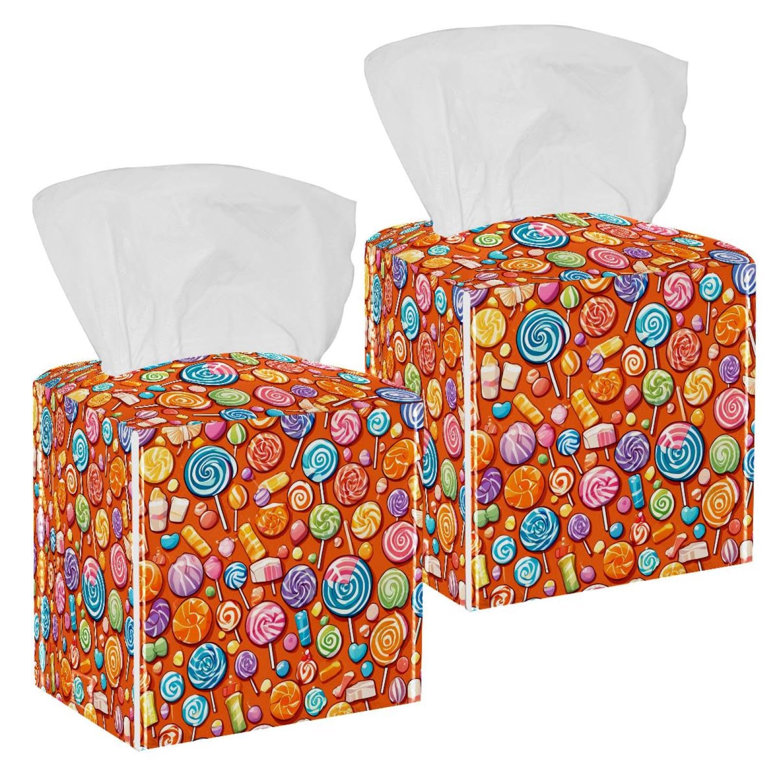 Orange Candy Tissue Box Cover, 2 Pack PU Leather Square Facial Tissue Dispenser Box holder for Home Office Car