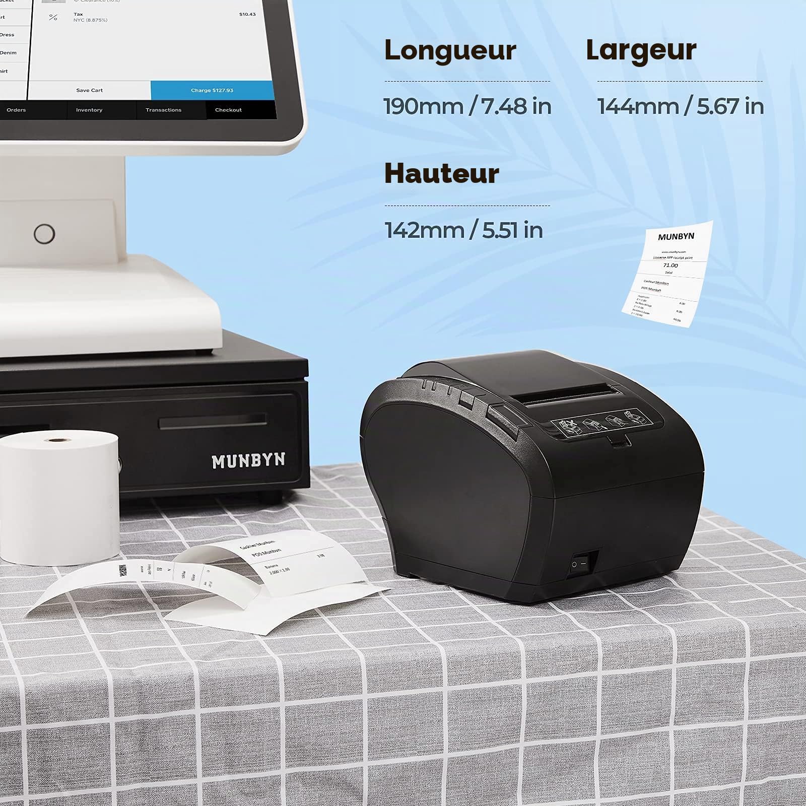 MUNBYN WiFi Imprimante de Reçus Thermique 80mm, Imprimante Ticket de Caisse USB Ethernet pour Cuisine, Supermarché avec Support de Coupe Automatique pour Windows/Mac/Linux, Command ESC/POS, Noir