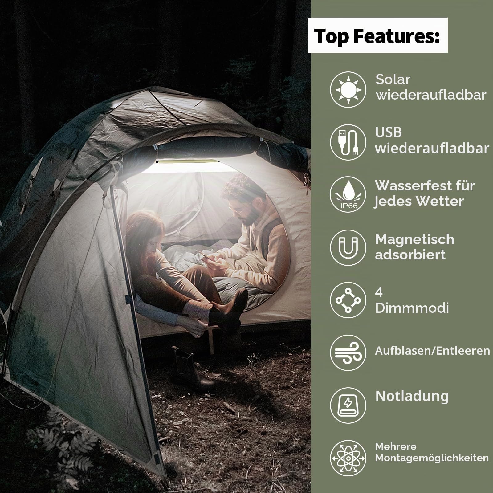 Qoolife Solar LED Campinglampe Aufladbar, Faltbare Camping Licht Lampe Energienbank mit 2 Lademethoden (Solar/USB) und 4 Lichtmodi für Outdoor, Stromausfällen, Notfall, Ausfälle, Angeln 85CM