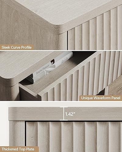 Miniatura 5 de SICOTAS Juego de 2 mesitas de noche con cajón, mesa auxiliar de cama, mesa auxiliar grande y moderna de madera ancha, mesita de noche de mediados de