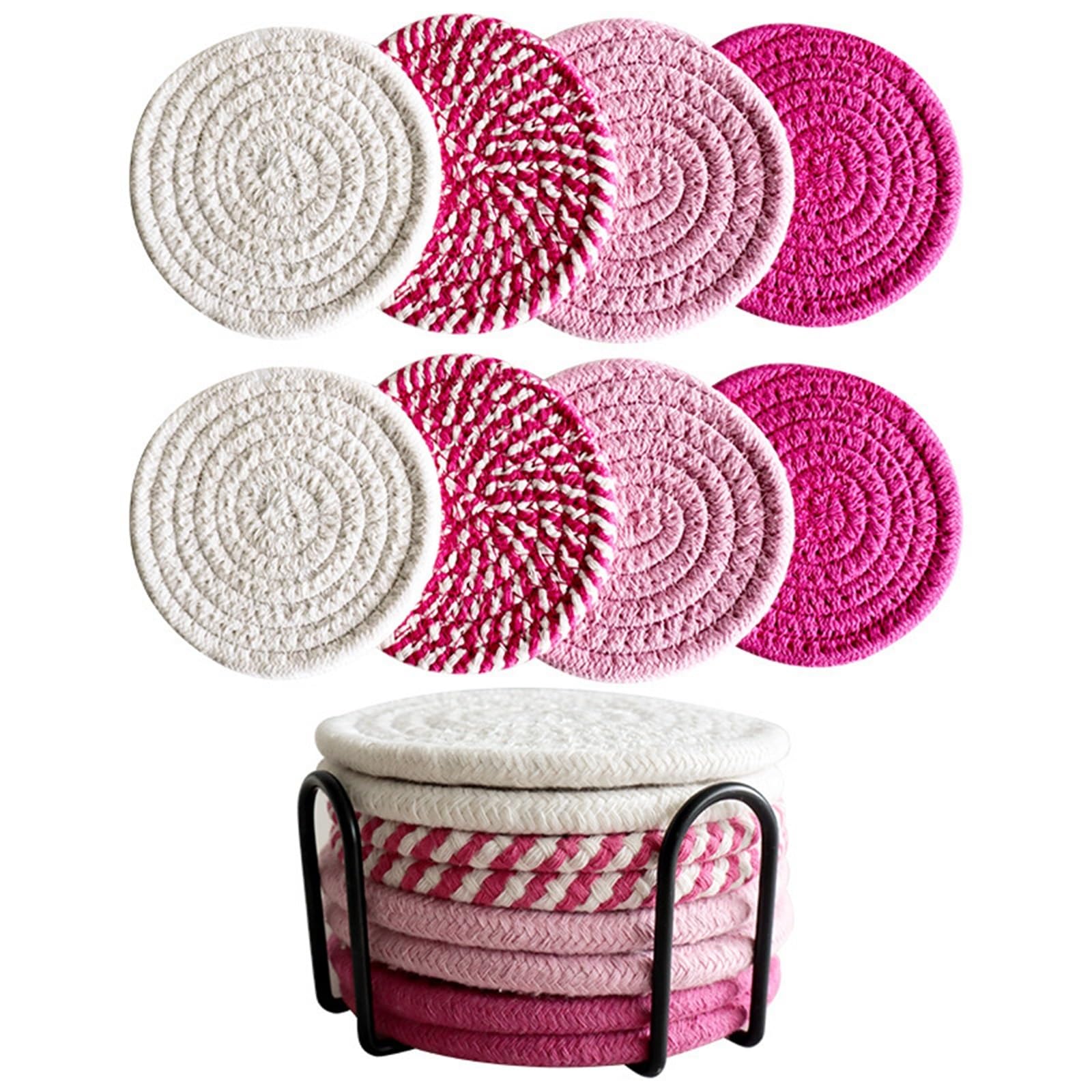 Insulated Coasters 8Pcs Cup Coasters Drinks Absorbent Woven Coaster Set with Holder Farmhouse Cloth Fabric Coffee Tea for Drinks Coffee Pads Beer Home Office(Pink)
