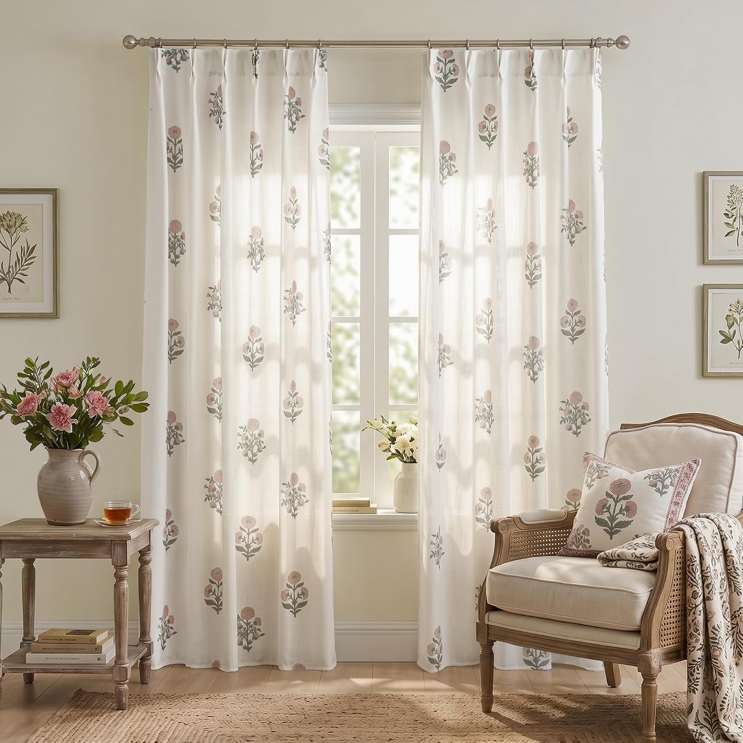 Pinch Pleated Linen Floral Curtains for Living Room, Light Filtering Floor to Ceiling Pink and Green Botanical Printed French Country Cottagecore Semi Sheer Drapes for Bedroom 96 Inch Long 2 Panel Set