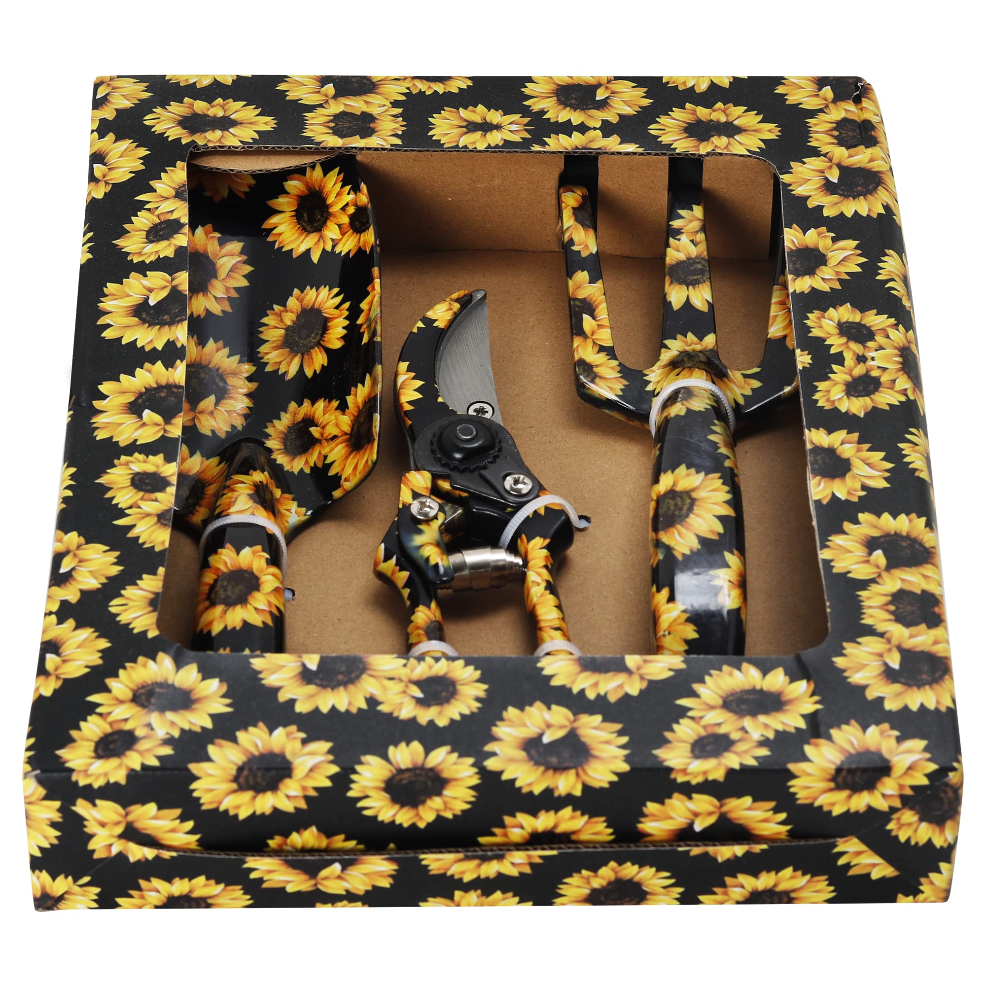 GARTOLGarden Tool Set - 3 Piece Thickly Cast Aluminum Gardening Tools Kit with Flower Paint, Heavy Duty Hand Garden Tools with Box Include Trowel, Rake, Pruner Shear, Gift for Gardener (Sunflower)