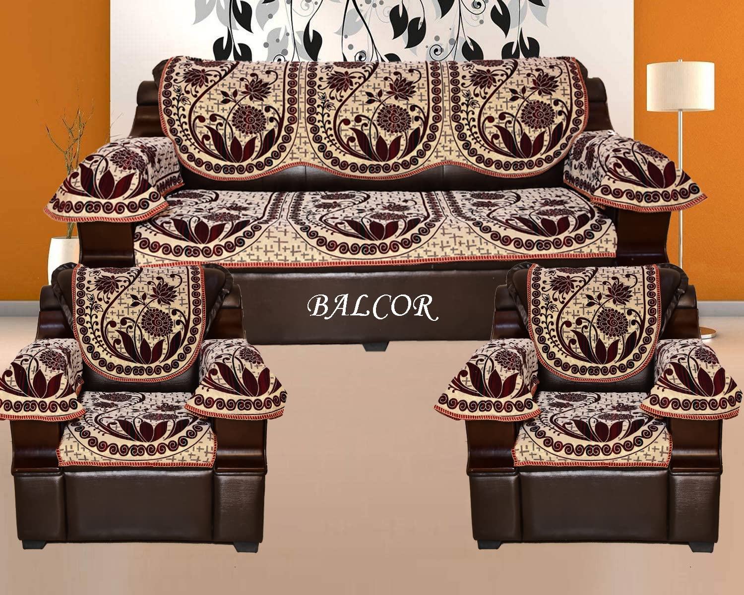 Cotton 12 PCs Design Duster Sofa Cover with Handle Cover Set of 5 Seater(3+1+1+6)-Maroon-image-40