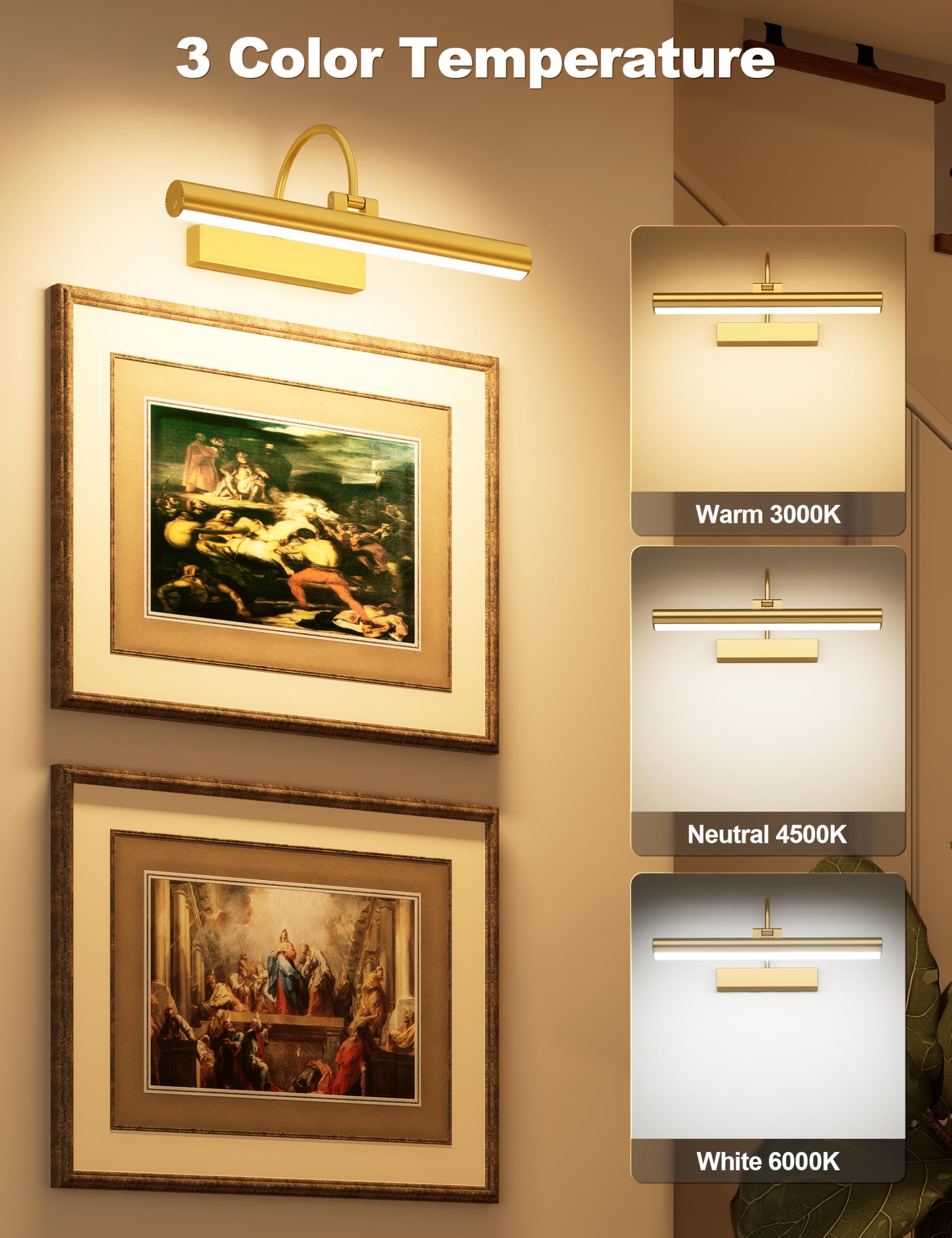 Bridika Picture Light for Wall with Remote, Rechargeable Battery Operated Picture Light, 3 Color Modes and Dimmable Classic Art Lights for Paintings, Gallery, Bedroom, Bathroom with Timer Gold 1