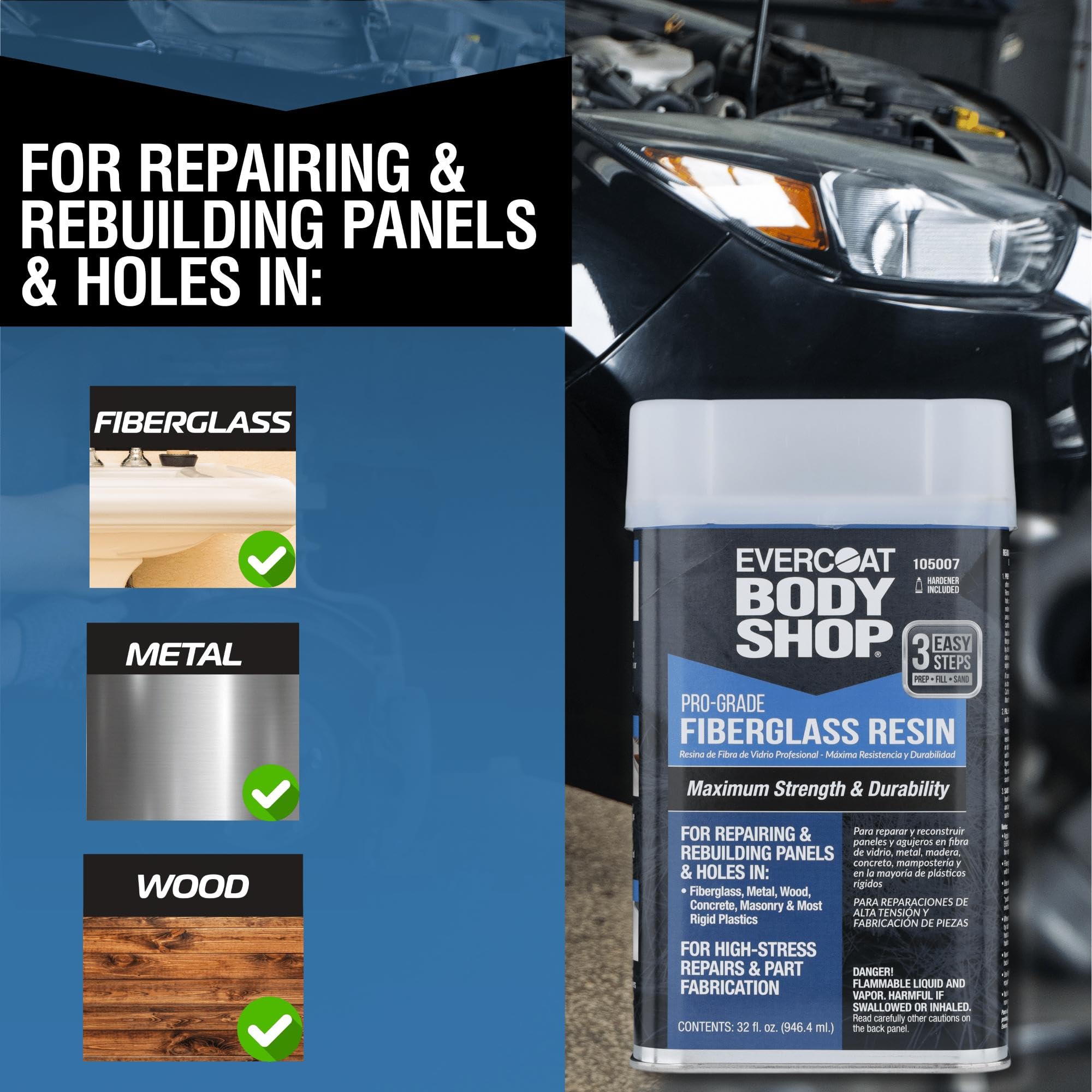 Evercoat Body Shop 105007 Resina de fibra de vidrio de grado profesional para reparar y reconstruir paneles y agujeros en fibra de vidrio, metal, madera y más, endurecedor fácil de mezclar incluido 32