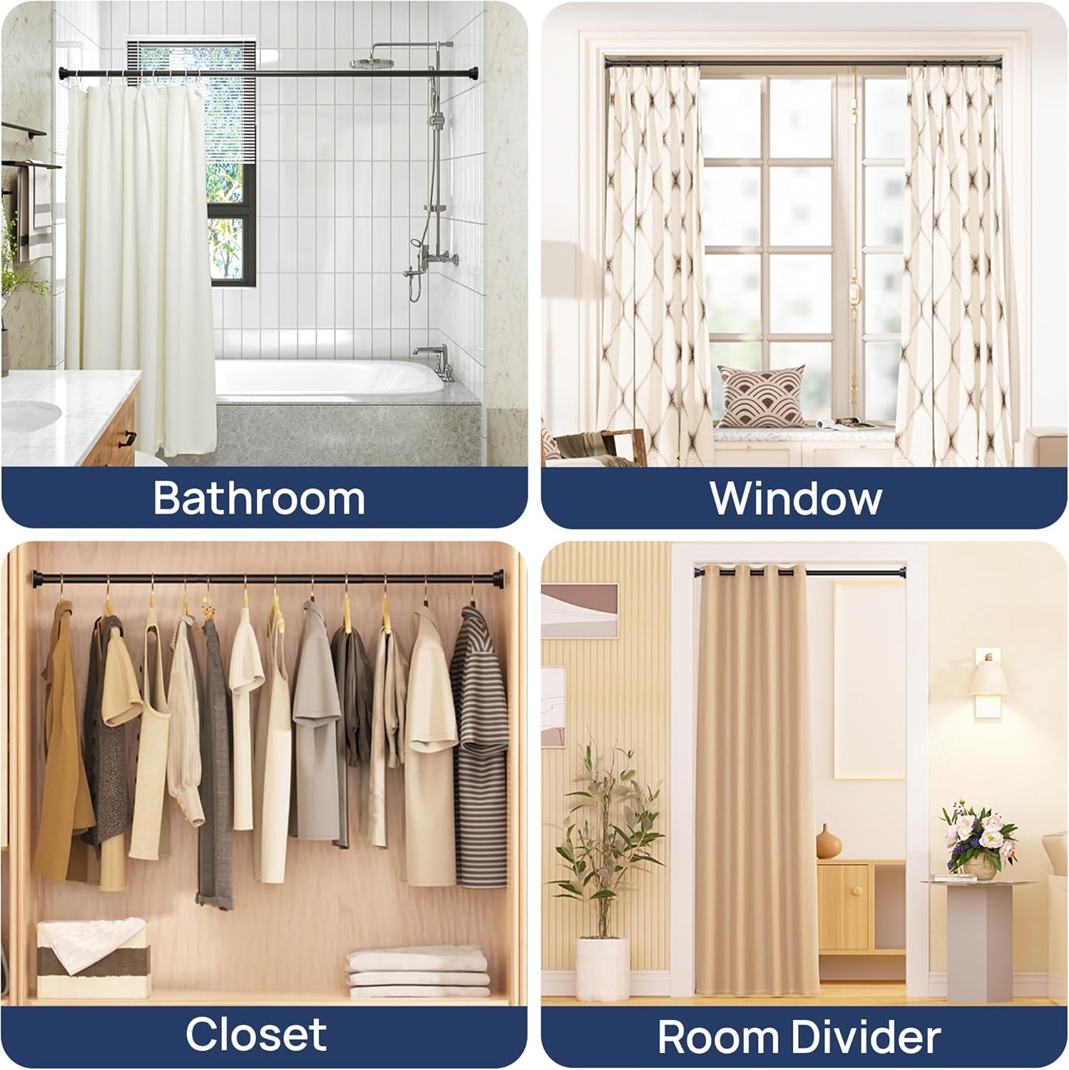 ENJOYBASICS 2 Pack Adjustable Spring Tension Curtain Rods 32 to 66 Inches, Stainless Steel Matte Black Shower Rod No Drilling for Window, Bathroom, Closet, Room Divider, 7/8 Diameter