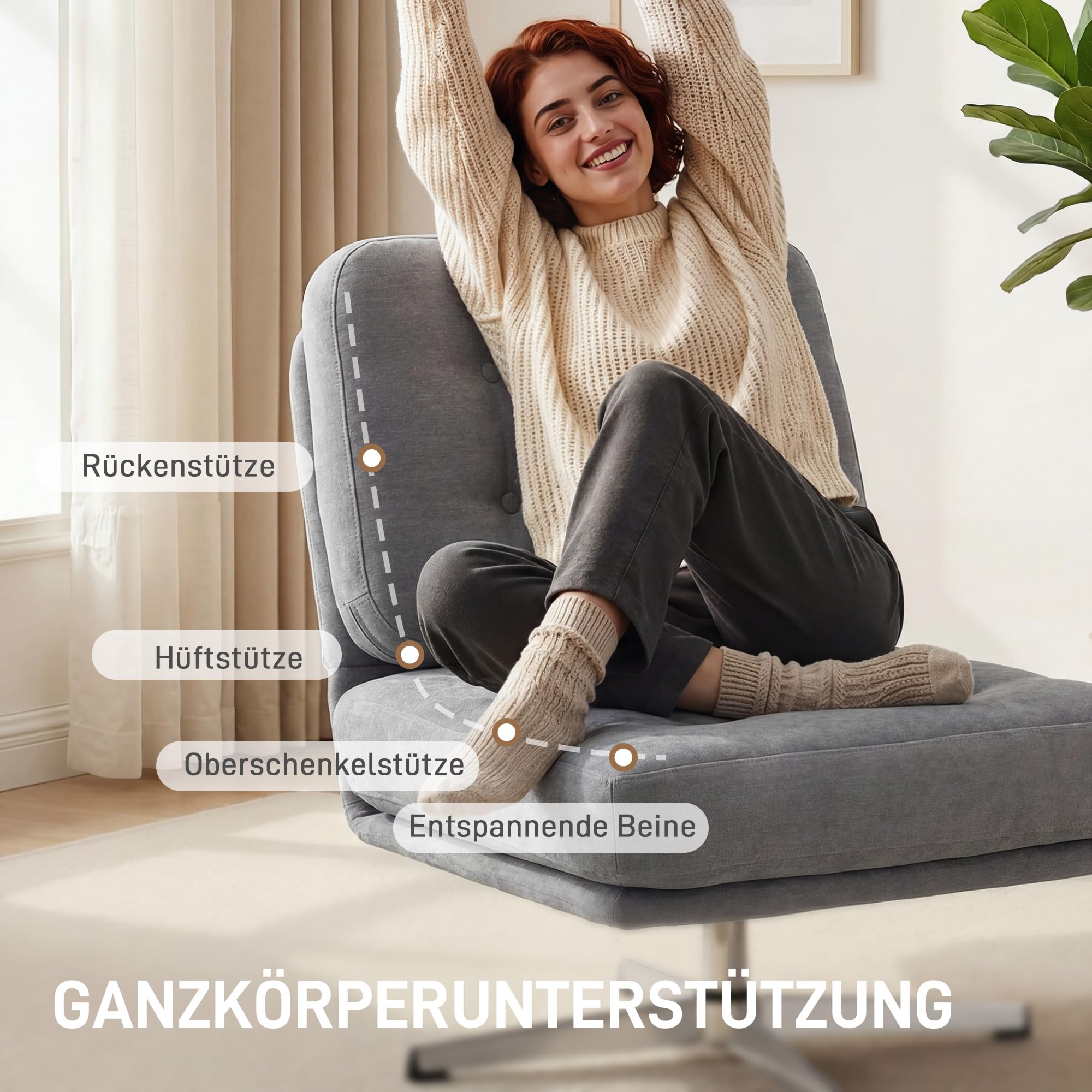 HOMCOM Sessel 360° Drehbarer Loungesessel mit Chenille-Optik, Breiter Sitzfläche, Schneidersitz Polsterstuhl mit Metallbeinen, Gepolstert Relaxsessel Lesesessel für Wohnzimmer, Schlafzimmer, Hellgrau