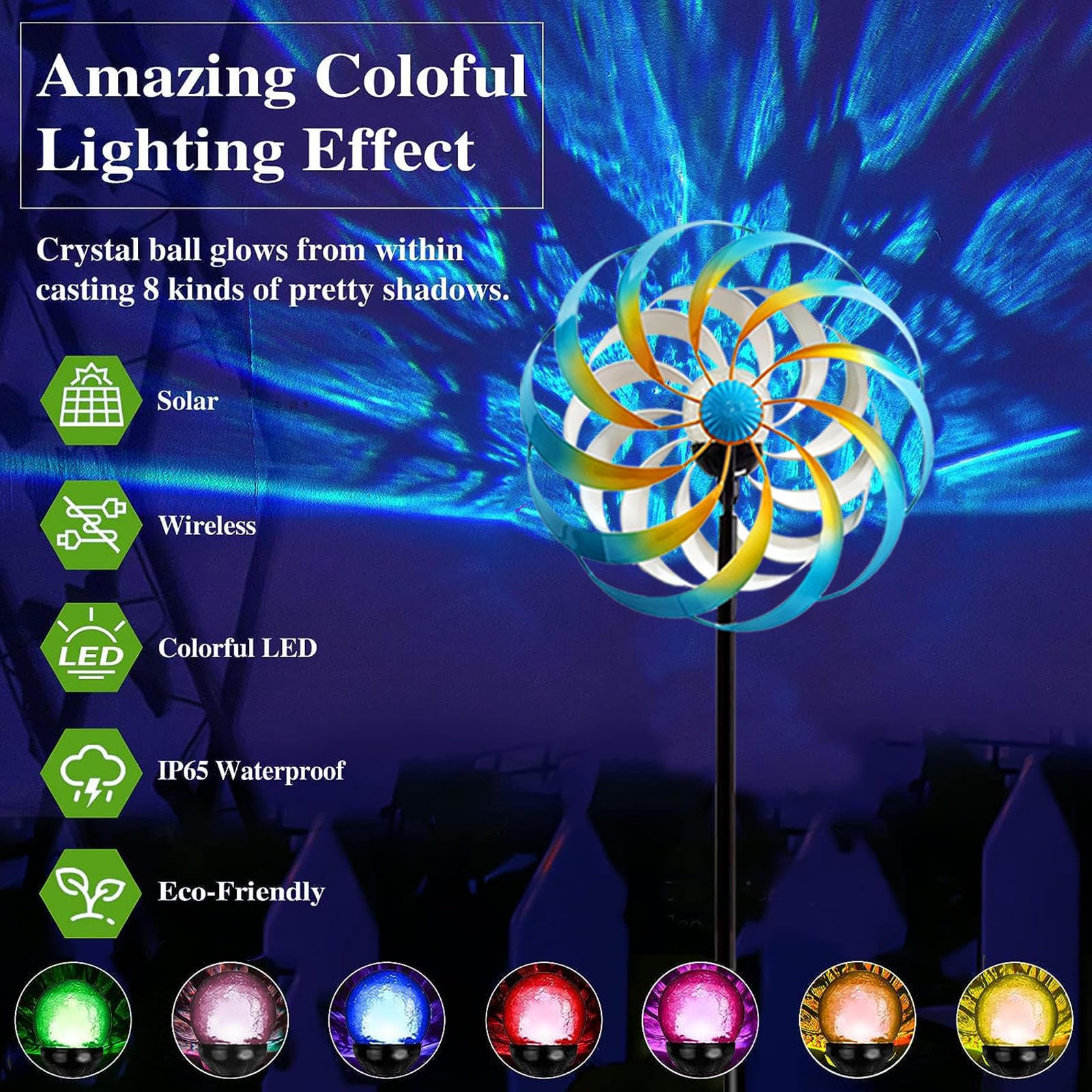 HAZARA Girandole A Vento, Filatore di Cantiere, Colore LED Che Cambia Sfera di Vetro Ad Energia Solare Scultura del Vento,Blue