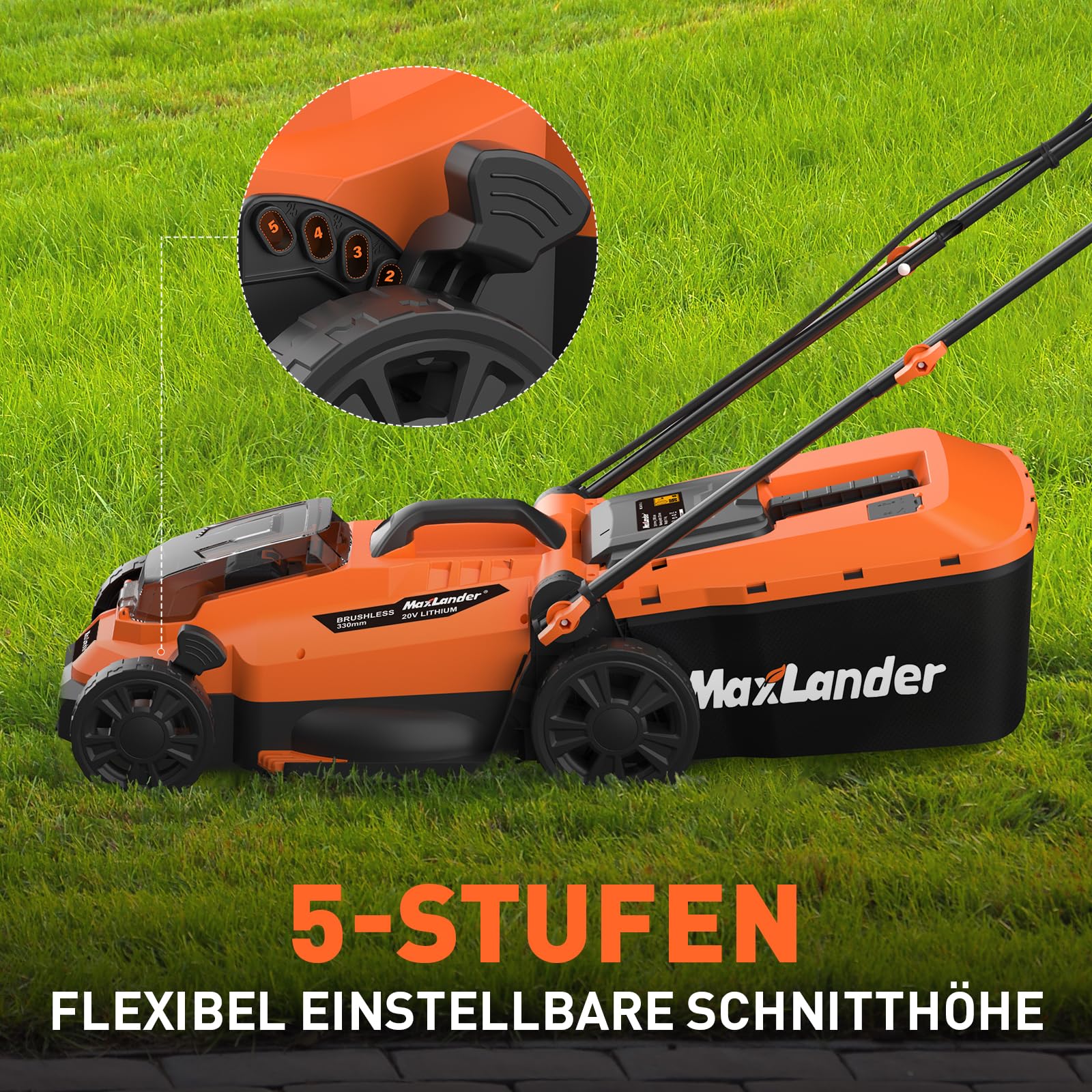 Maxlander 33 cm Akku Rasenmäher bis 400 m² mit Mulchfunktion | Rasenmäher Elektro Schiebemäher mit 30L Fangkorb ,Schnitthöhe 25–75 mm,4,0 Ah Akku und Ladegerät im Lieferumfang Enthalten