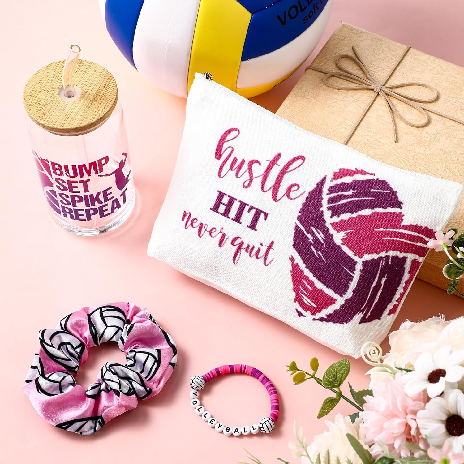 4 Pcs Volleyball Gifts for Girls Volleyball Stuff 16 oz Water Bottles Makeup Bag Bracelets Charm Elastic Hair Scrunchies Valentines Gifts for Girls Women Sports Coaching Players Birthday - Image 2