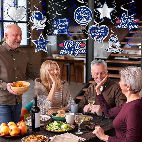 Miniatura 3 de 30 decoraciones de fiesta de despedida de color azul plateado con purpurina We Will Miss You, espirales colgantes para fiestas de despedida,