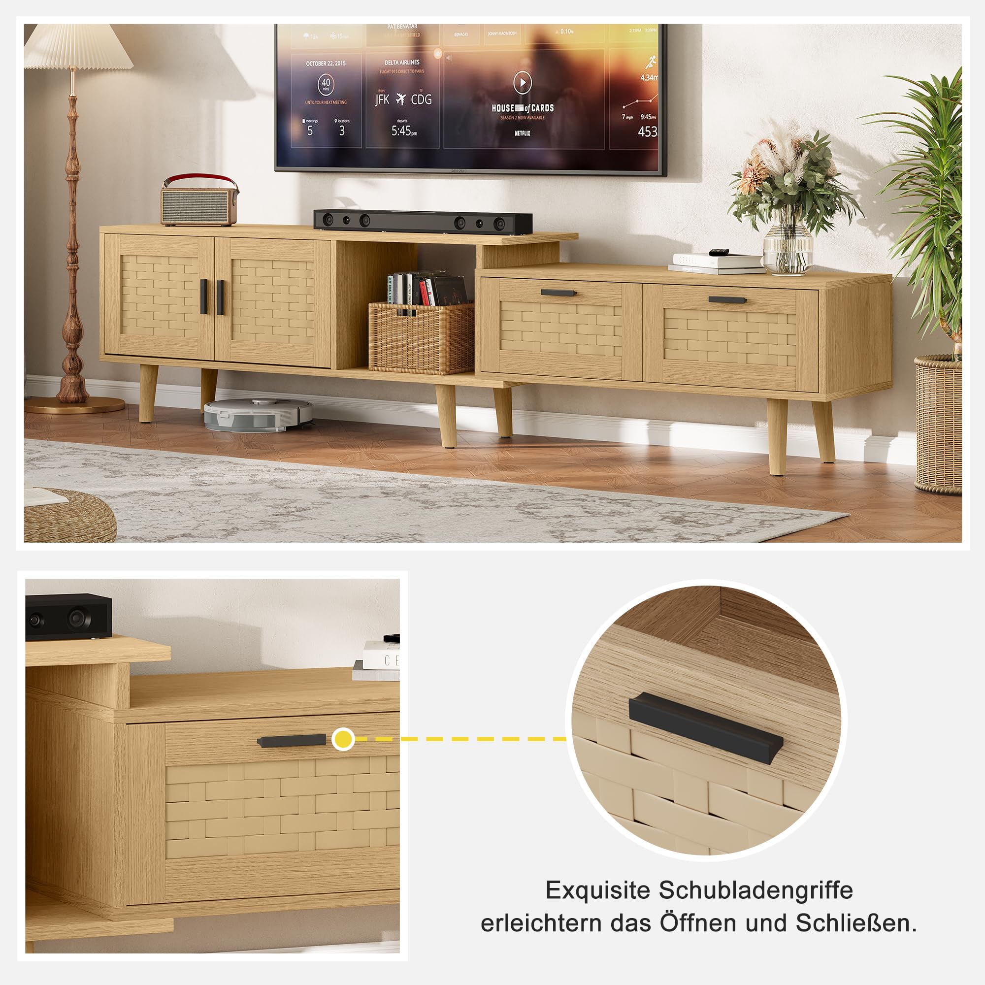 Mobile TV allungabile con 2 ante e 2 cassetti (146-180 cm), TV Lowboard, mobile TV, credenza TV, per soggiorno, camera da letto, TV fino a 75 pollici (rovere)