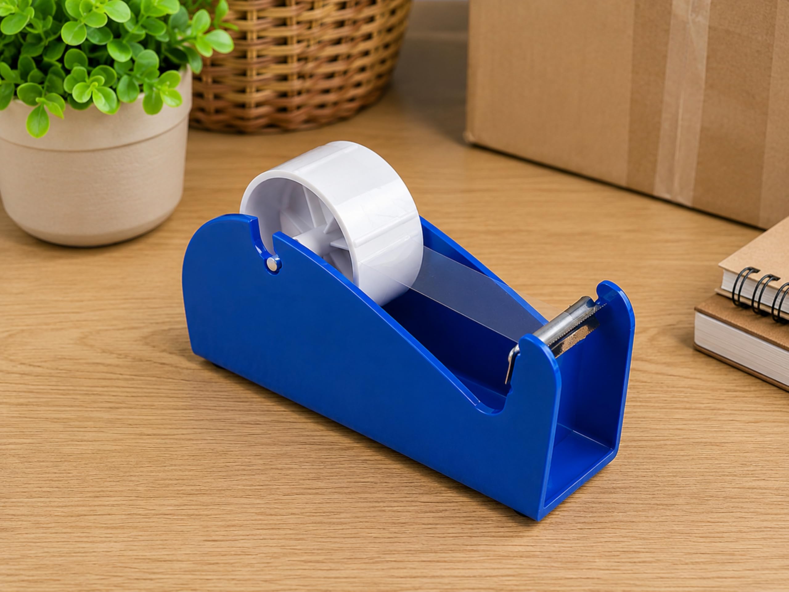 SKIR'CO Packbandabroller aus Metall, 50 mm breit, robuster Tisch-Klebebandabroller, solide Metallkonstruktion, rutschfeste Unterseite, blaue Farbe