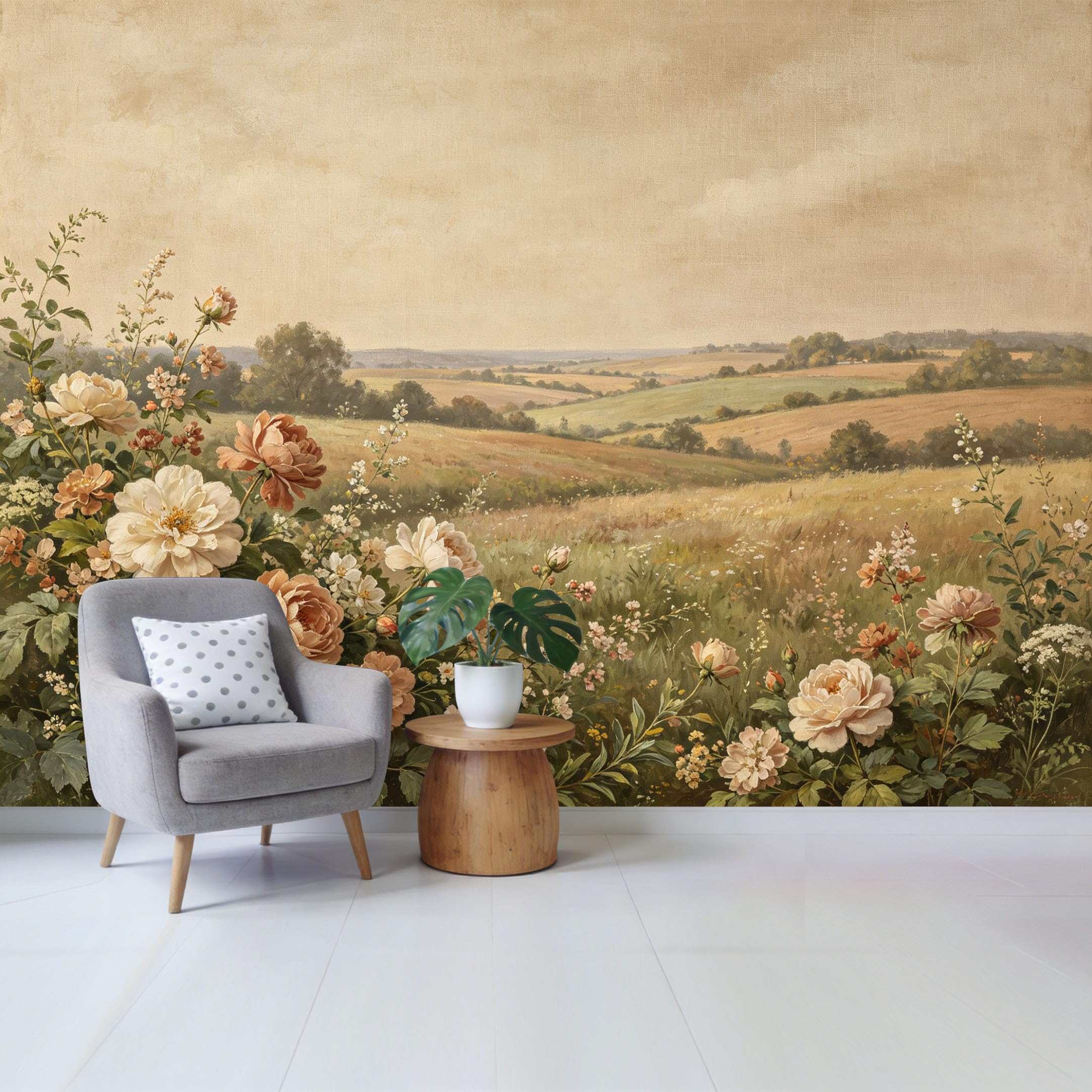 Qzlithotic Yq2605251054 Custom Size Wall Mural Vintage Floral Landscape Oil Painting Meadow Field Botanical Selfadhesive Wall Fabric Removable Wallpaper For Home Office Decor