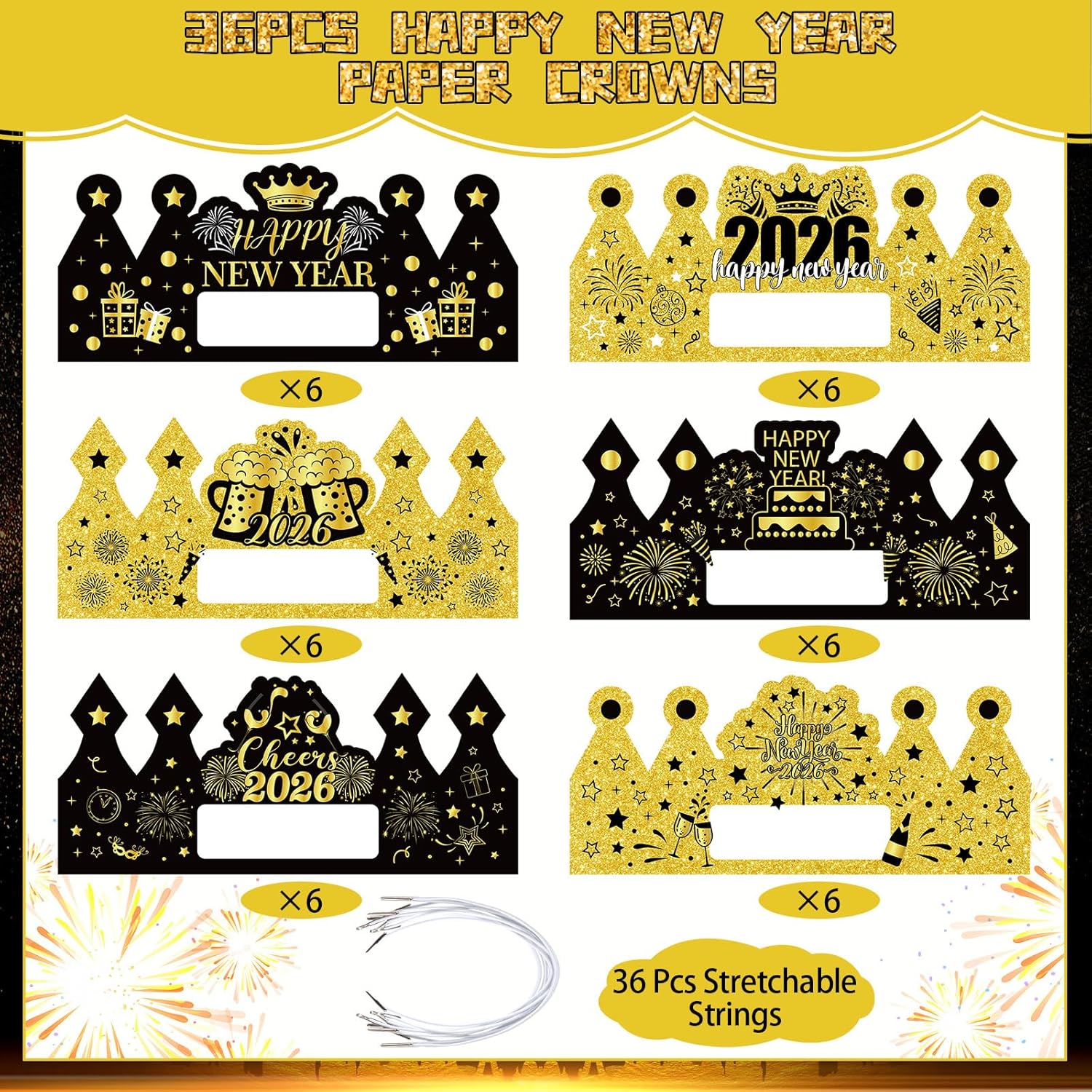 36Pcs Happy New Year Hats Paper Crowns New Years Eve Hats New Year Eve Caps 2025 Happy New Year's Party Decor