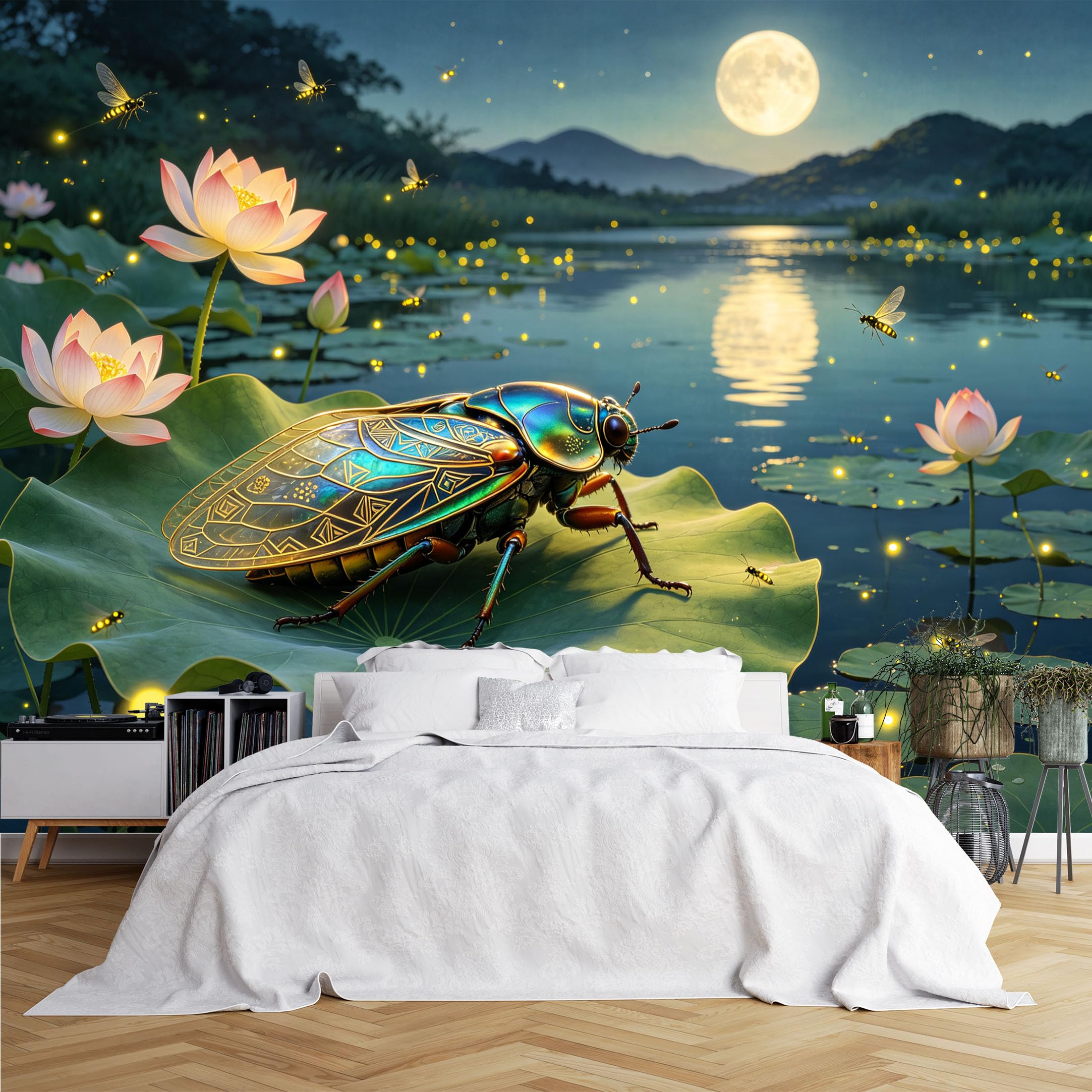 Lcythiazole Ch260615076 Custom Size Wall Murals Ornate Cicada Lotus Moon Lake Firefly Wall Murals Wall Stickers Wallpaper Self-Adhesive Removable Wallpaper For Bedroom Study